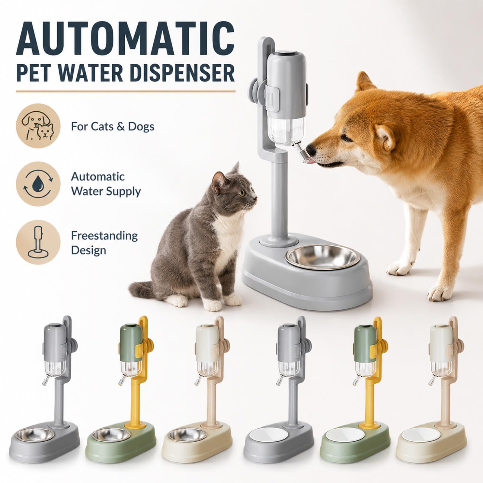 Dispensador De Agua Automático para Mascotas, Botella 750ml Antigoteo con Soporte Ajustable Y Cuenco para Gatos Perros Casa Viaje (A,Stainless Steel)