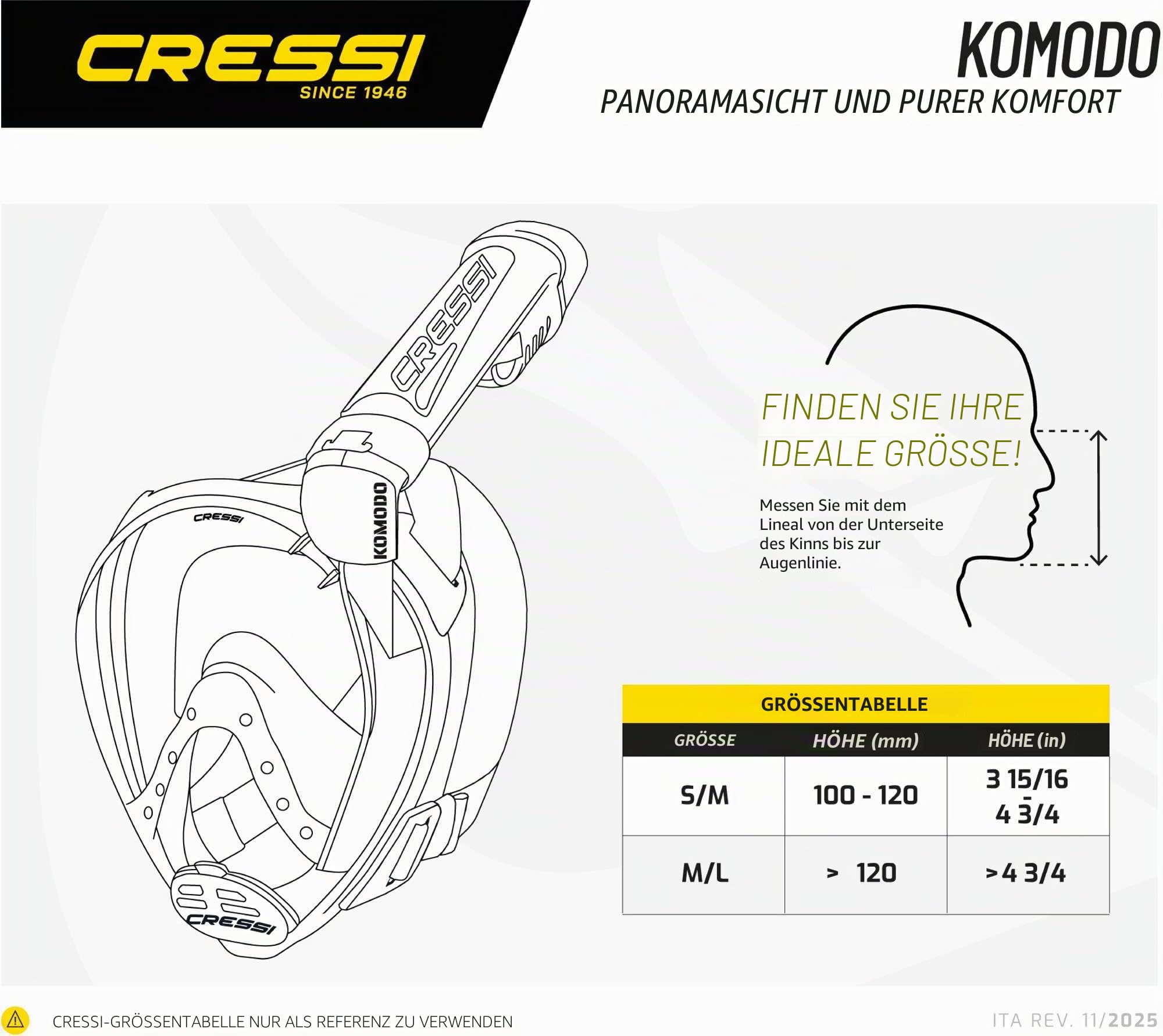 Cressi Schnorchelmaske Vollgesichtsmaske - 180 Grad Panoramasicht - CO2 Sicher - Dry-System mit seitlichem Schnorchel - Verstellbare Bänder für Schnorchelmaske für Erwachsene