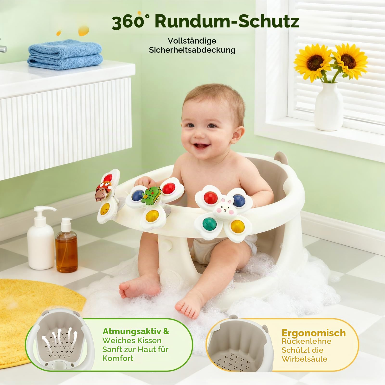 2-in-1 Baby-Badesitz mit Spielzeug ab 6 Monaten – Ergonomischer Badeaufsatz mit 4 Saugnäpfen, rutschfester Badesitz mit Fünf Spielzeug für Babys und Kleinkinder