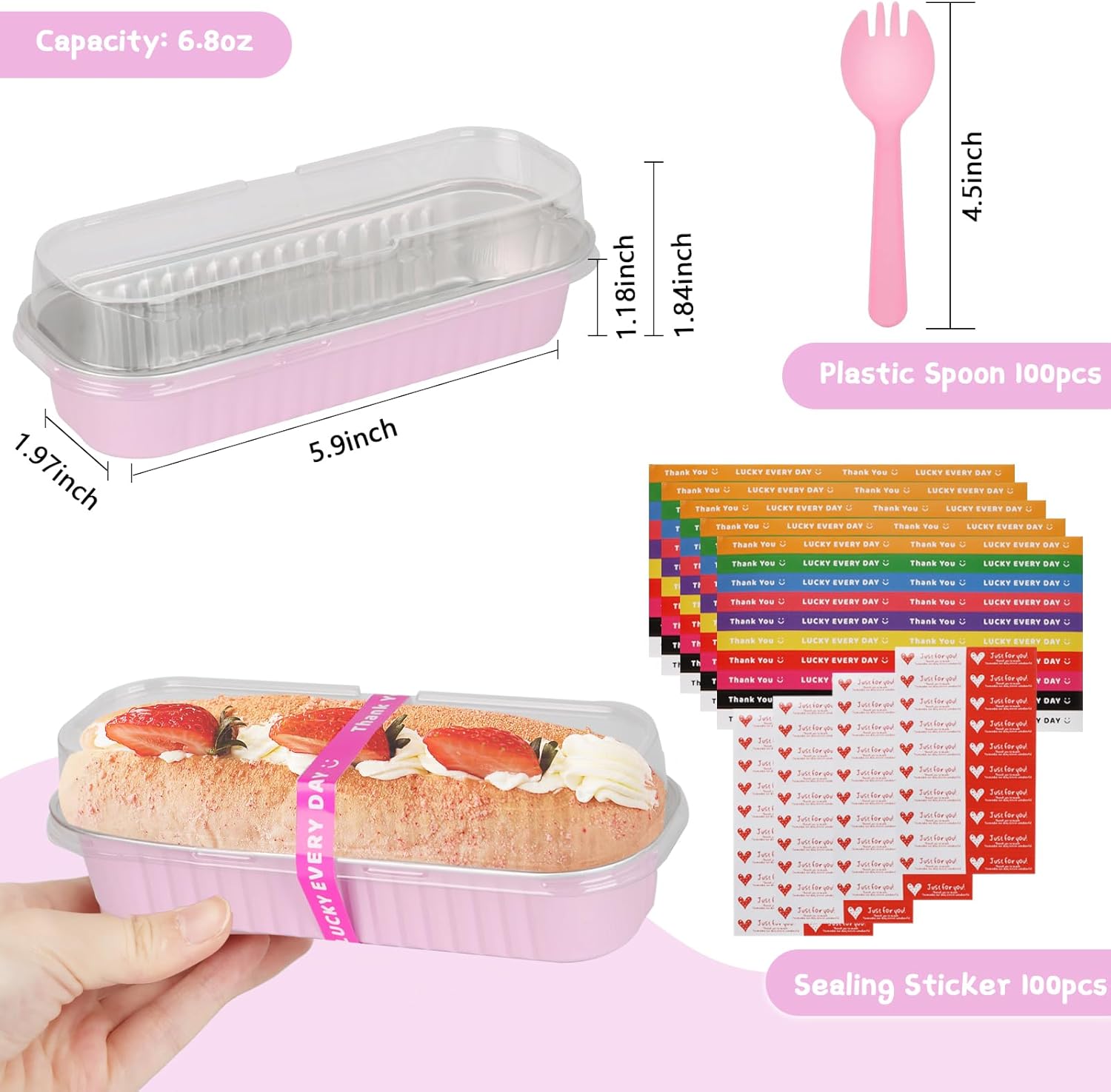 100 Pack Mini Loaf Pans Mini Cake Pans with Lids and Spoons Sealing Sticker, 6.8oz Rectangle Aluminum Foil Baking Pans Disposable Loaf Cake Pan for Baking (Pink) - Image 2