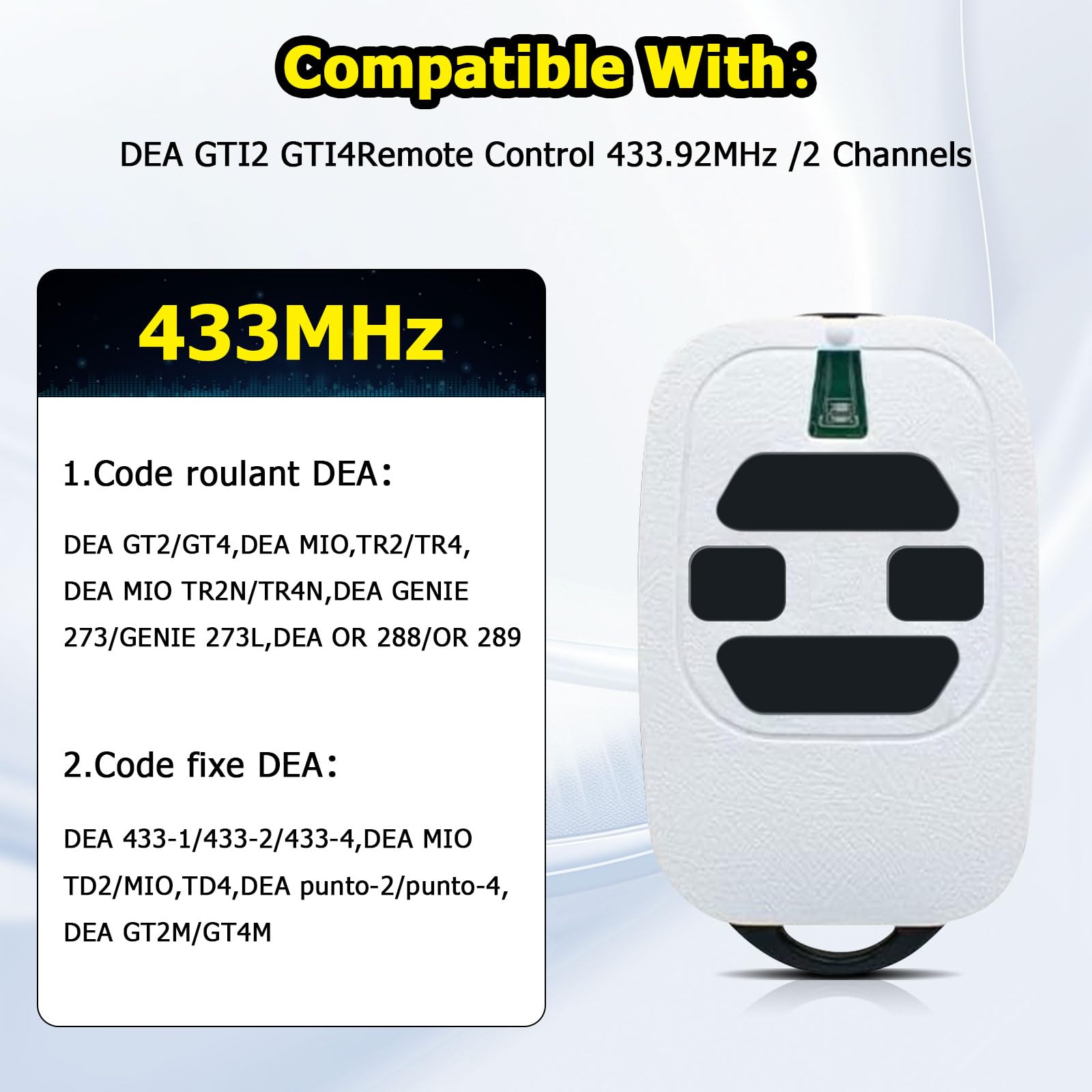 433.92mhz Garage Door Opener Remote Control Key Fob for Garage Door Gate DEA GTI4 (2), white - Image 2