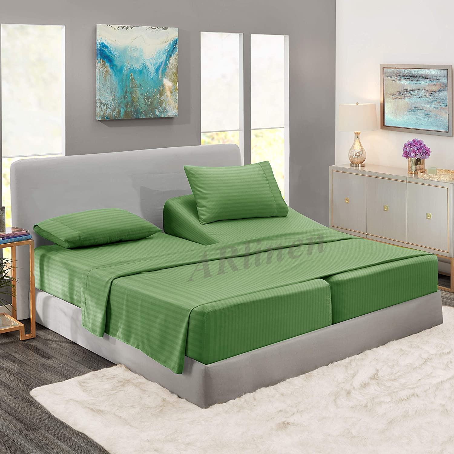 Split Queen Sheets Sets for Adjustable Bed Cotton-Split Queen Sheets Deep Pockets-5 Pcs -Split Queen Sheets for Adjustable Bed, Sage Stripe 15-18 Inch Deep Sheets