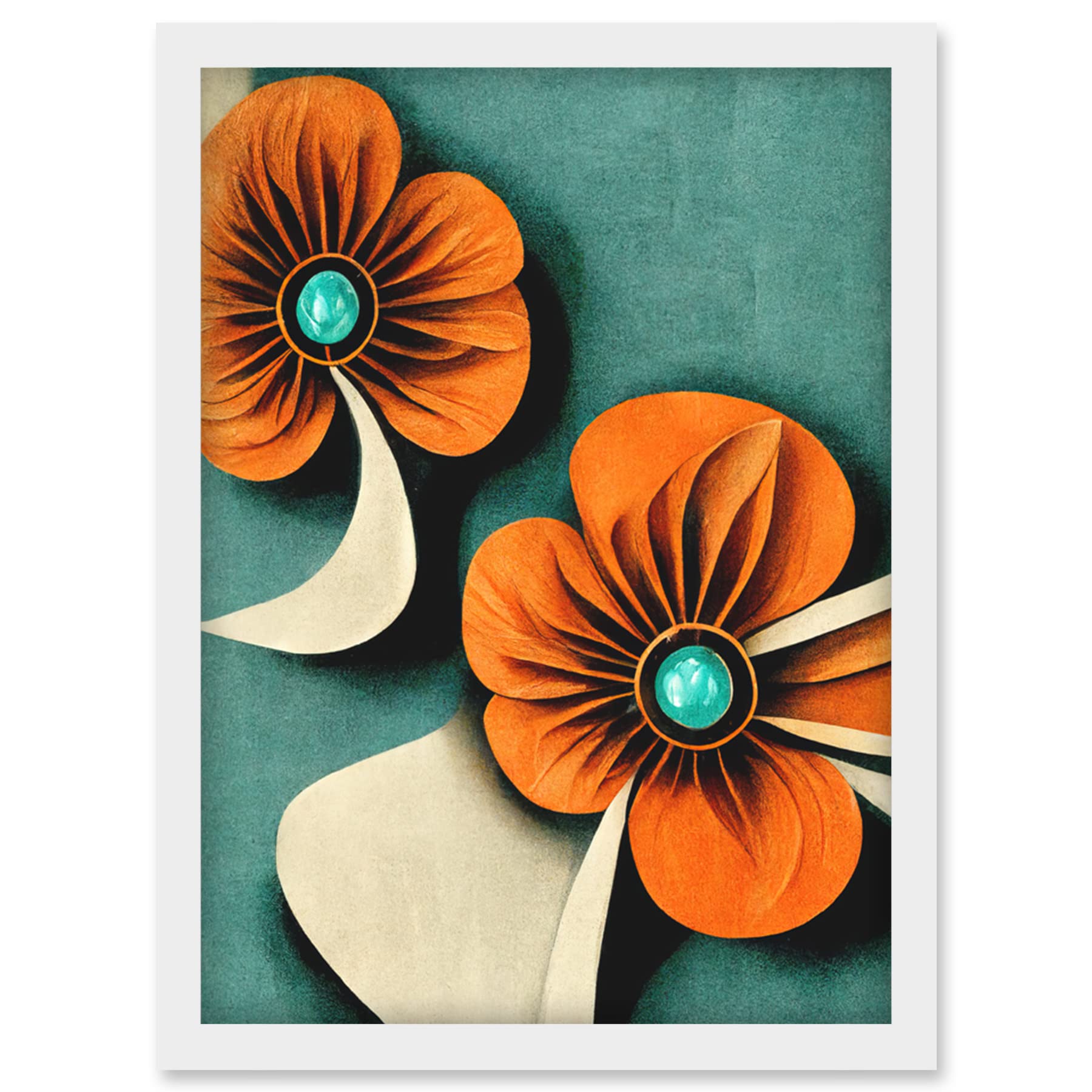 Doppelganger33 LTD Abstract Papercut Orange And Cream Flowers On Teal Artwork Framed Wall Art Print A4