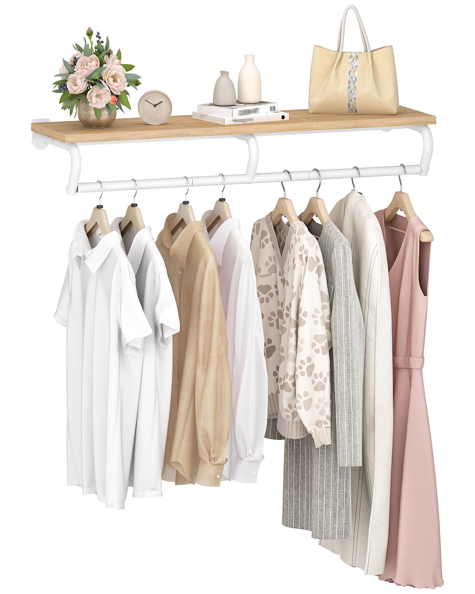 CHOEZON Wandgarderoben mit Ablage, Kleiderständer, 110 cm Kleiderstange zur Wandmontage, Garderobenstange für Schlafzimmer Badezimmer Indoor, Nturfarben und Weiß DTYM02NW