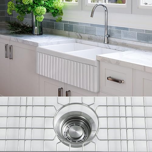 FSW1006 - Fregadero de lujo de 33 pulgadas para granja FIRECLAY en color blanco, acero inoxidable ACCS, frente estriado