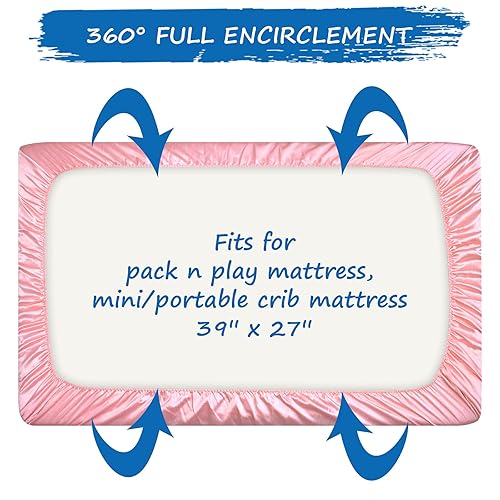 Miniatura 4 de Sábana bajera de satén para cuna, suave y sedosa (39 x 27 x 5 pulgadas) para niñas, ideal para pelitos y piel de bebé, sábanas de corral rosa