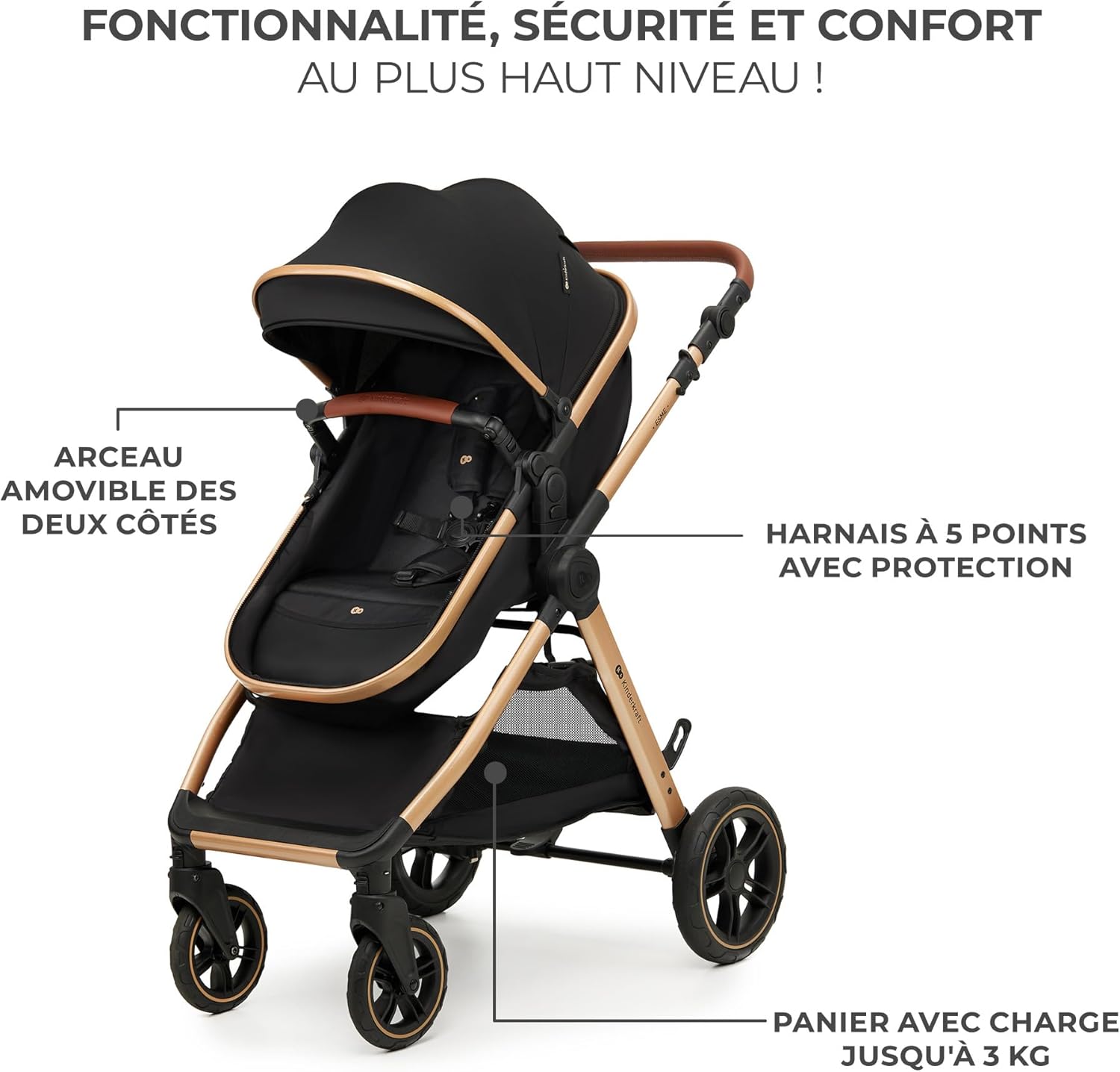 Close-up of the ESME stroller seat showing the 5-point harness with soft pads, a removable bumper bar, and the storage basket.