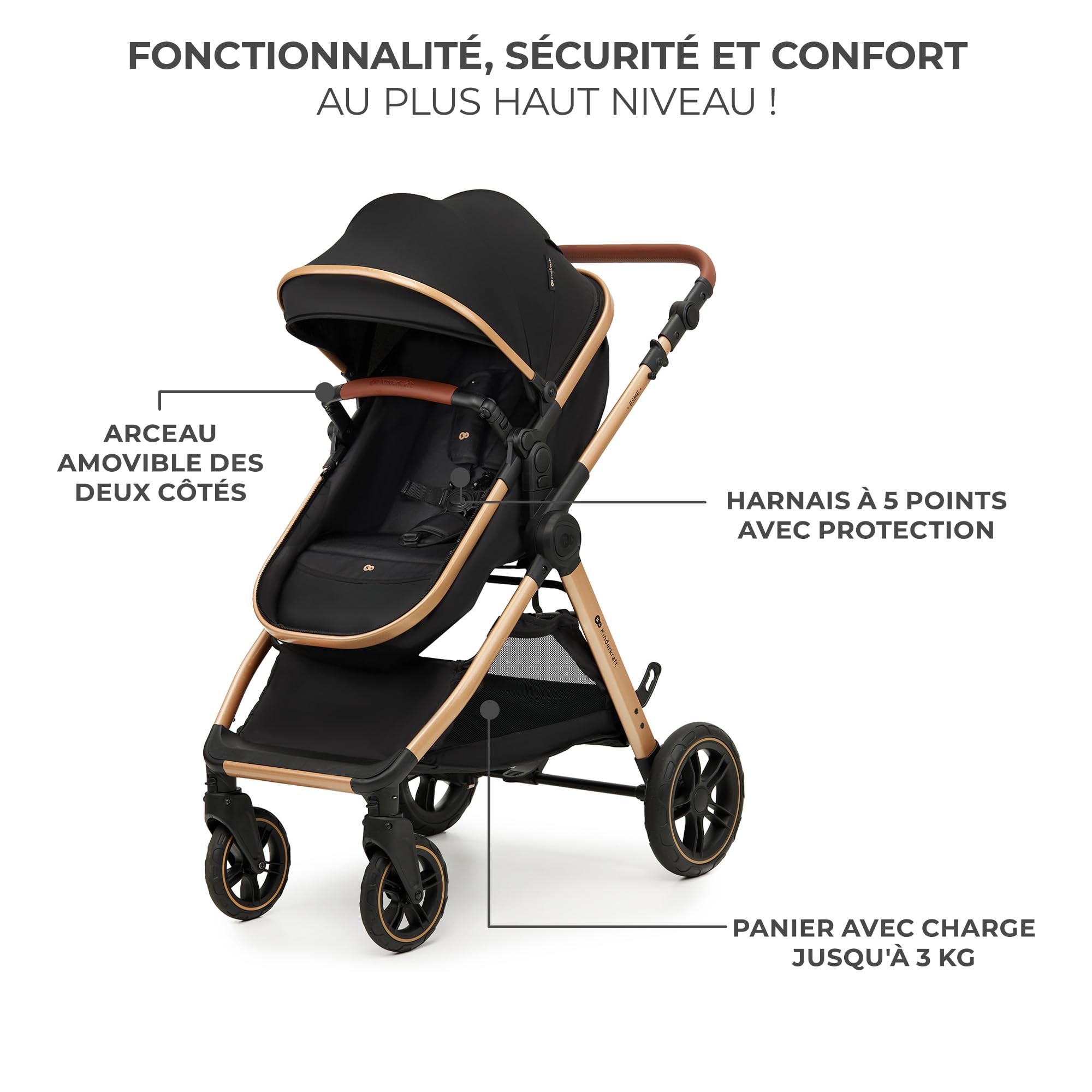 Kinderkraft ESME Poussette 3 en 1 avec porte-bébé Mink PRO I-Size, système de voyage, poussette bébé, poussette pliable, pour nouveau-né jusqu'à 4 ans, Noir