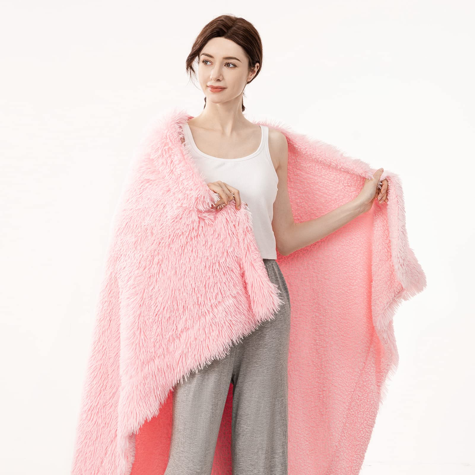 Dreamcountry Manta de forro polar sherpa de piel sintética mullida, acogedora, reversible, color rosa, 50 x 60 pulgadas