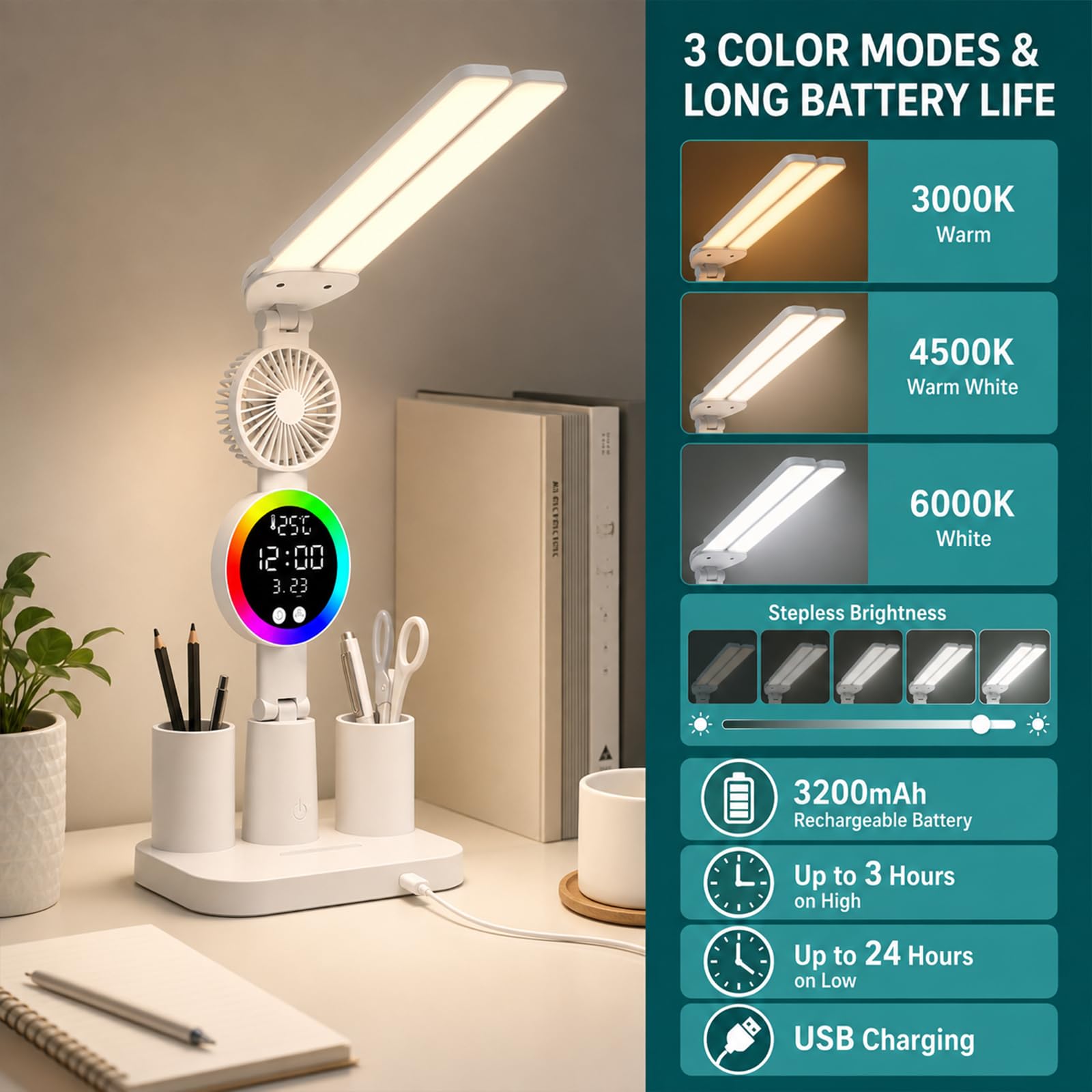 Lampe de bureau LED, lampe d'étude à double tête avec ventilateur