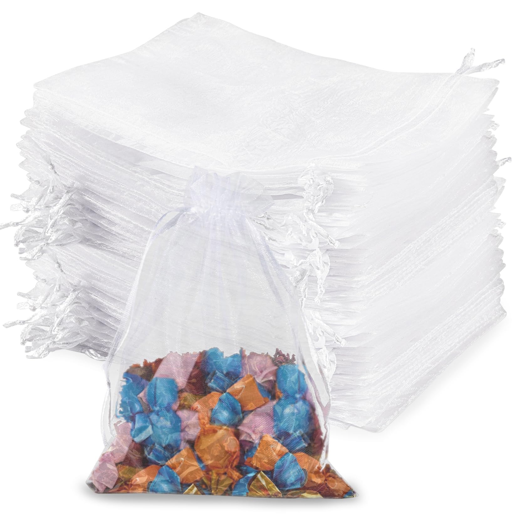 Sukh 100pcs Organza Bags 4''x6'' - White Small Mesh Drawstring Gift Bags