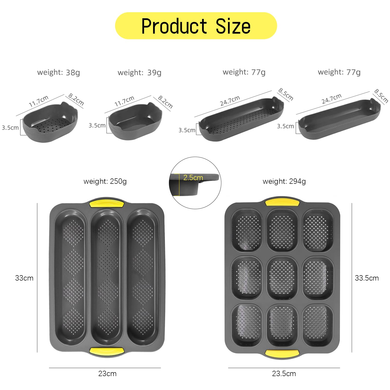 JAOGAUS Lot de 6 moules à baguettes en silicone, 3 grilles de cuisson, 9 moules à pain en silicone, anti-adhésif, perforé, pain français, bâton de pain, petits pains (gris)