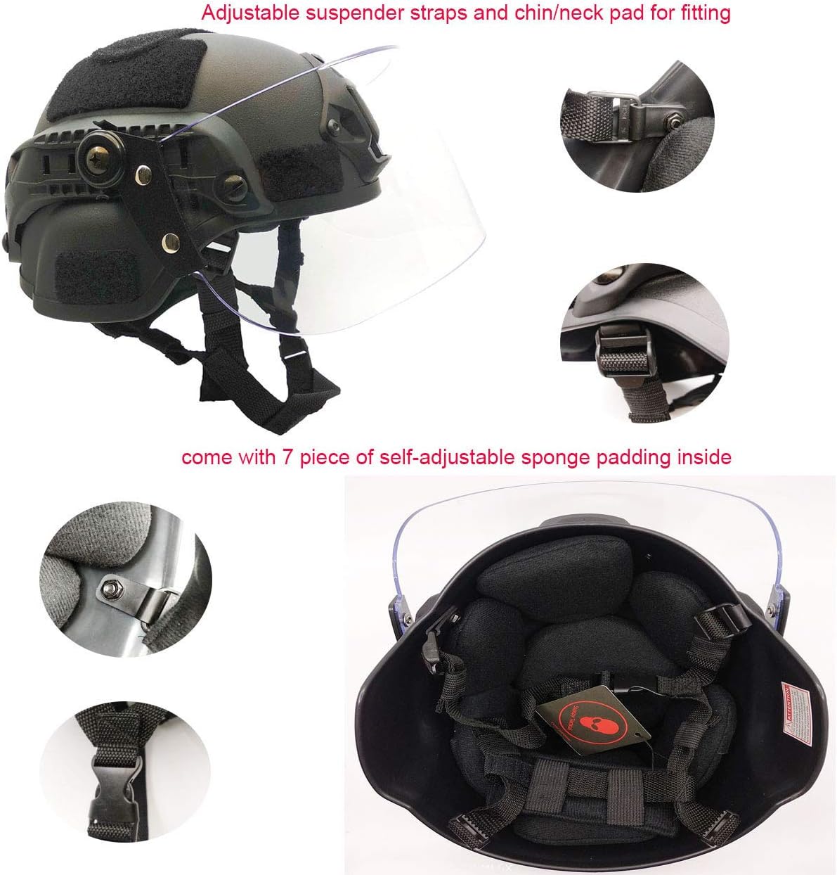 Airsoft MICH 2000 ACH Tactical Helmet with Clear Visor NVG Mount and Side Rail (Black) : Sports & Outdoors