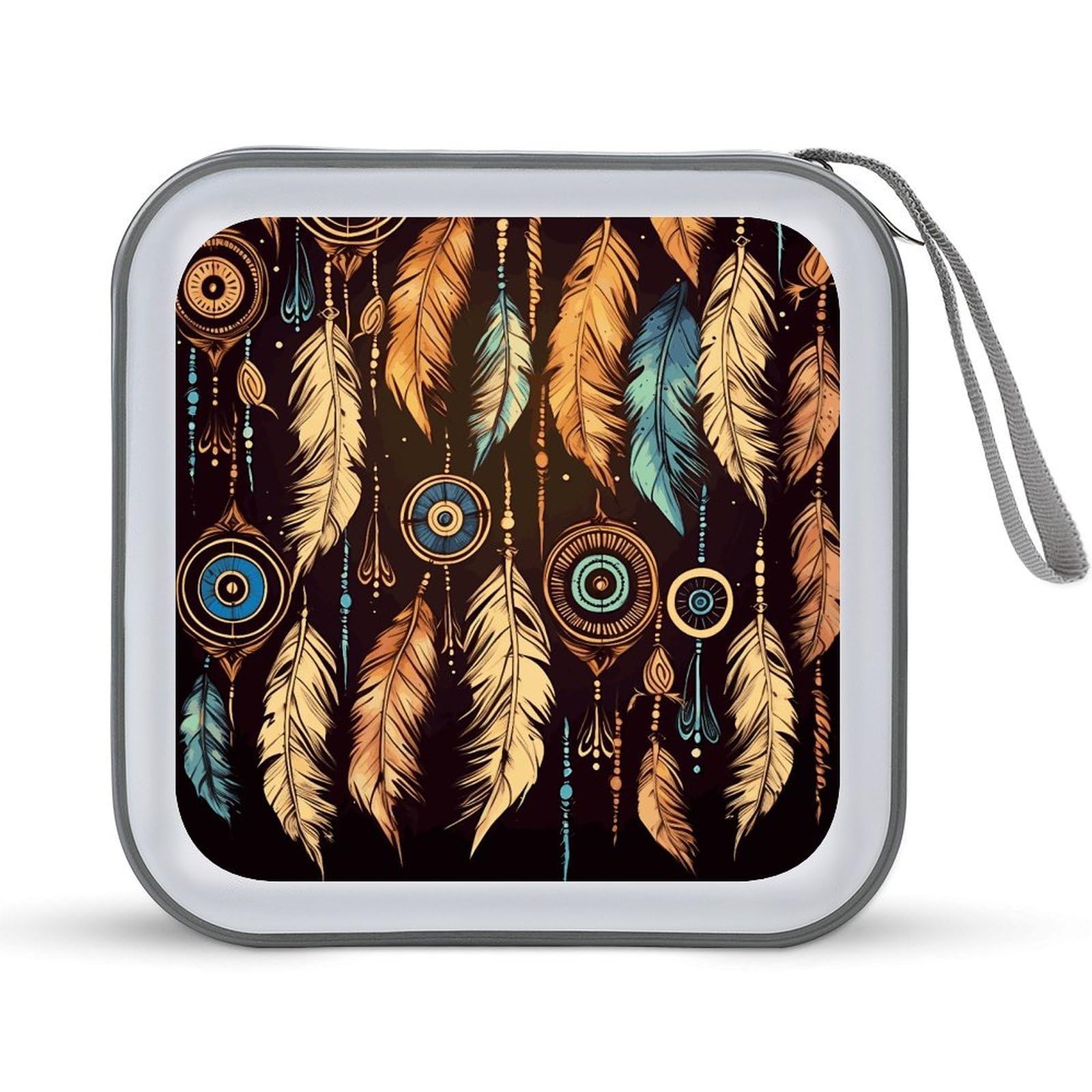VstaDank Vintage Ethnic Tribal Feather CD Case with Hand Strap Lightweight DVD Wallet Holder 40 Capacity CD/DVD Case Wallet Protective CD Wallet CD/DVD Portable Storage Binder for Car Home Office