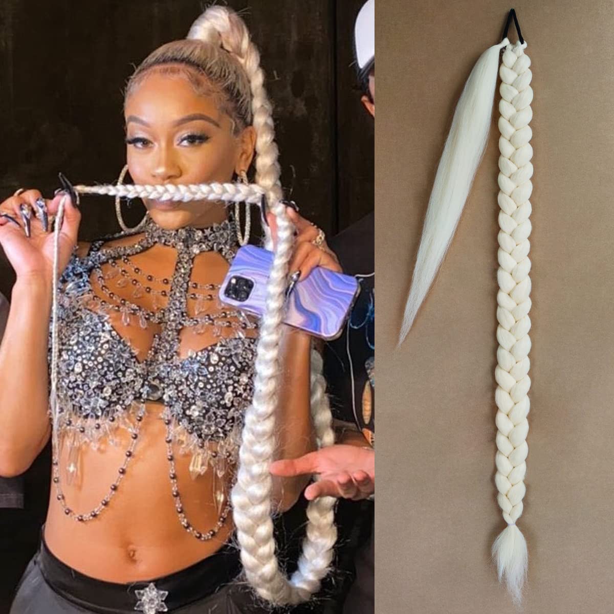 613 Blonde Long ponytail Braided Extension Hair Tie Straight Wrap Around Hair Extensions Ponytail 38 Inch Ponytail Extension Natural Soft Synthetic Hair Piece for Women Daily Wear（150G,613 )