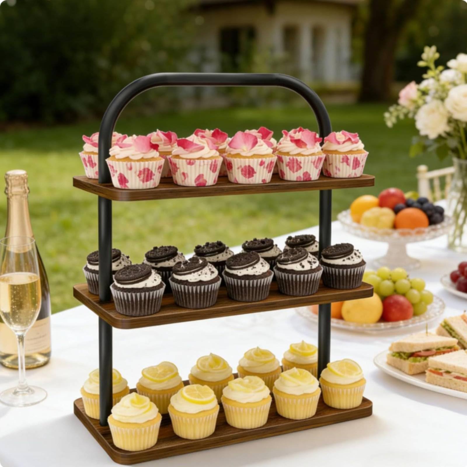 Soporte para Postres Expositor Cupcakes Pasteles Bandeja Estante de Madera Hierro de Triple Nivel Plegable con Asa Acabado Envejecido para Catering Reuniones Picnic Hogar