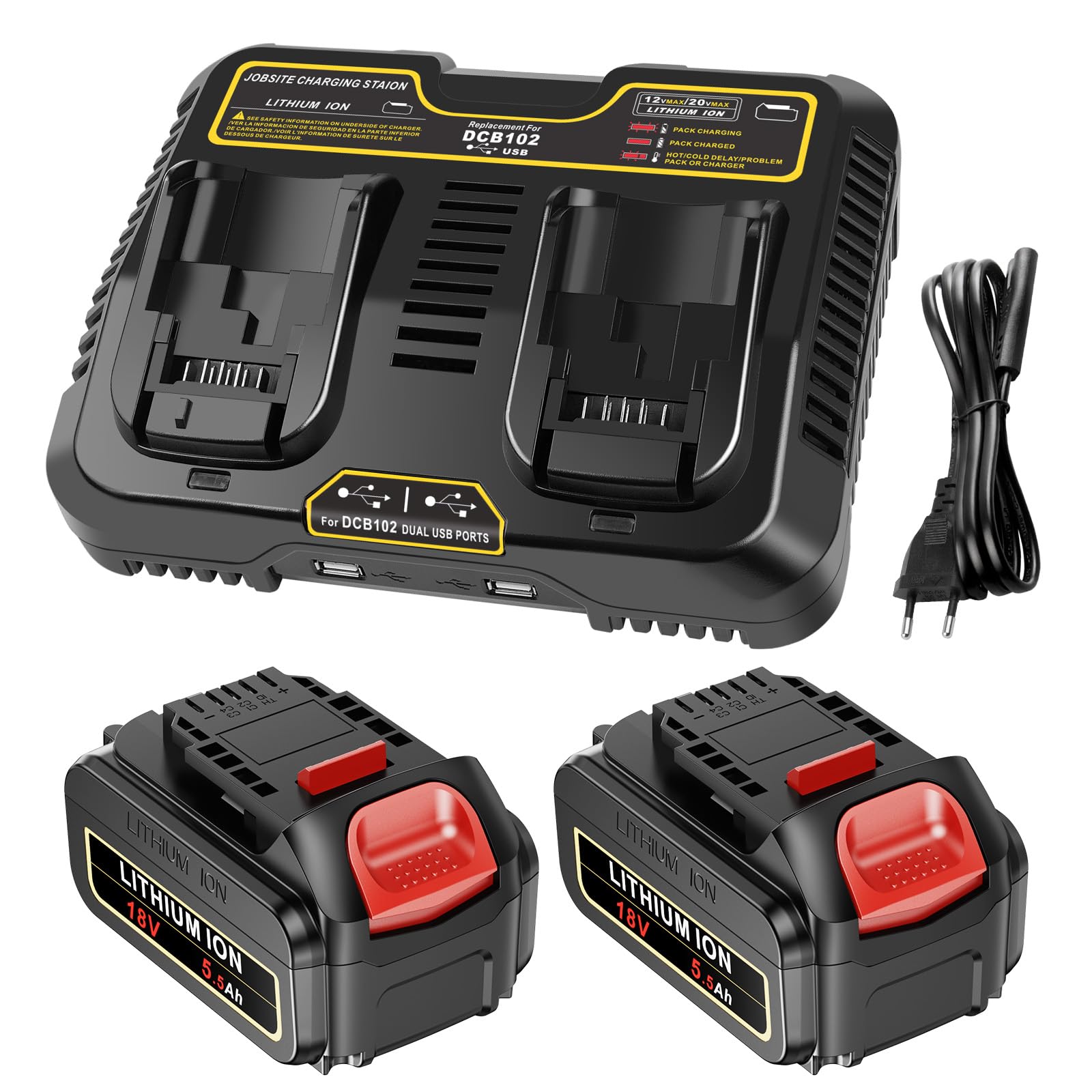 Lot de 2 batteries de rechange 5500 mAh et chargeur pour DeWalt, 18 V/20 V max Li-Ion compatible avec DeWalt DCB204 DCB206 DCB180 DCB181 DCB182 DCB184 DCB201