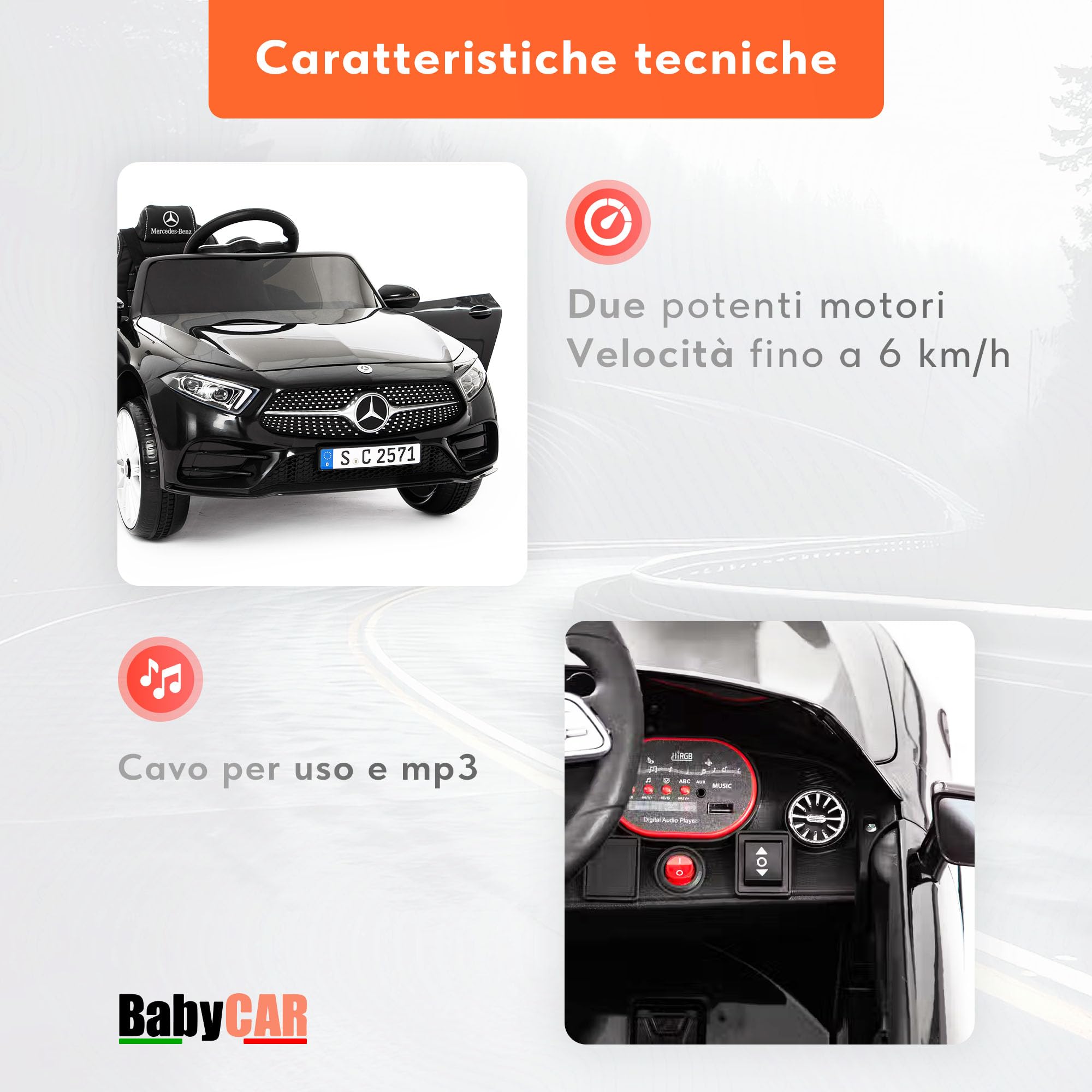 BabyCar Mercedes CLS 350 AMG | Macchina elettrica per bambini 12V 2x25W | Auto elettrica per bambini telecomandata, sedile pelle, porte apribili, MP3/USB | Licenza ufficiale | Nera | Occhiali-Targa