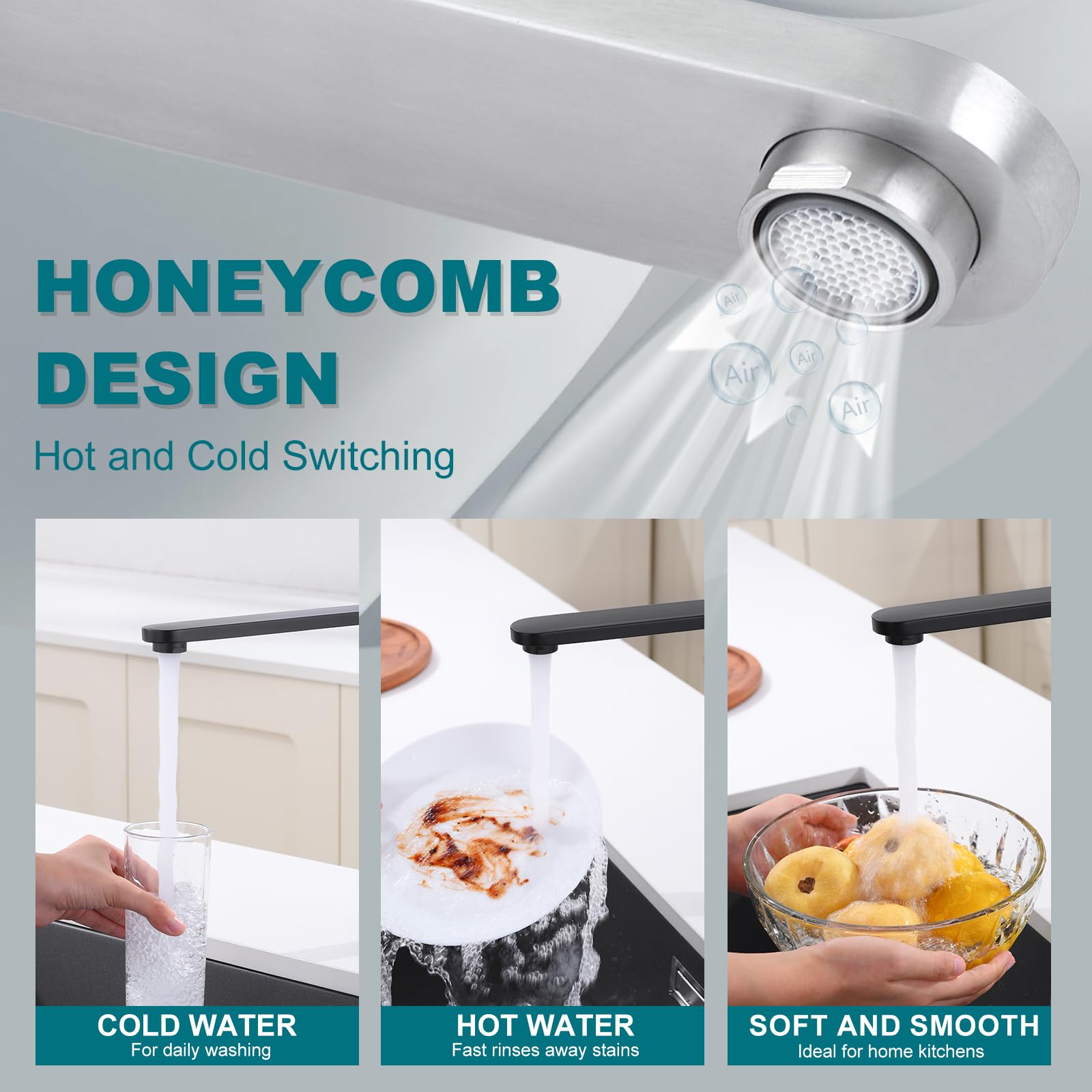 Tohlar Kitchen Tap, Brushed Stainless Steel Kitchen Sink Mixer Tap, Single Handle Monobloc 360° Swivel Faucet Hot Cold Mxier - Image 4