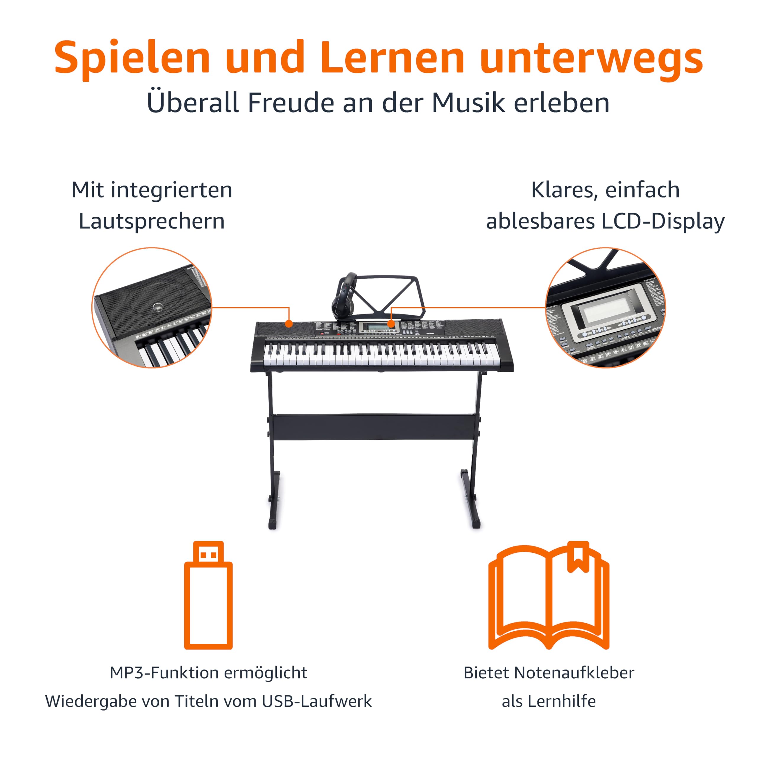 Amazon Basics 61-Tasten tragbares Digitalpiano für Anfänger, Eingebaute Lautsprecher, 255 Klänge und Rhythmen, 50 Demo-Songs, Notenständer und Kopfhörer enthalten, Schwarz, 93 x 30.4 x 9.32 cm