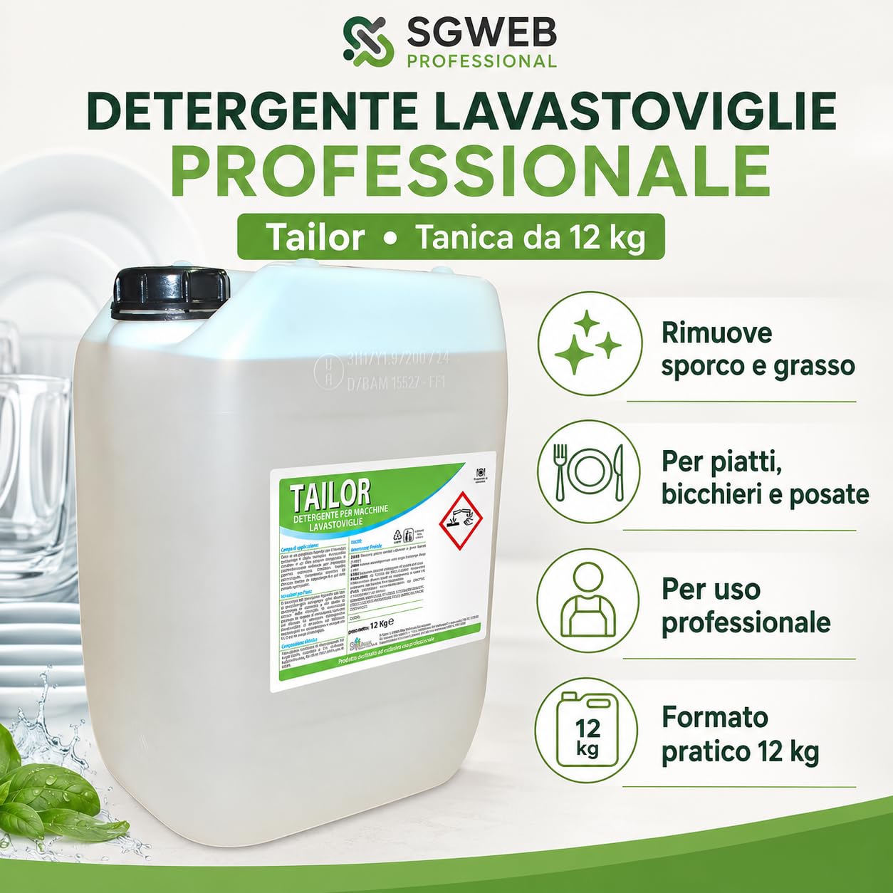 Detergente Lavastoviglie Professionale 12 kg, Detersivo Liquido per Macchine Lavastoviglie, Pulizia Stoviglie, Piatti, Bicchieri e Posate, Formato Tanica per Ristoranti e HO.RE.CA