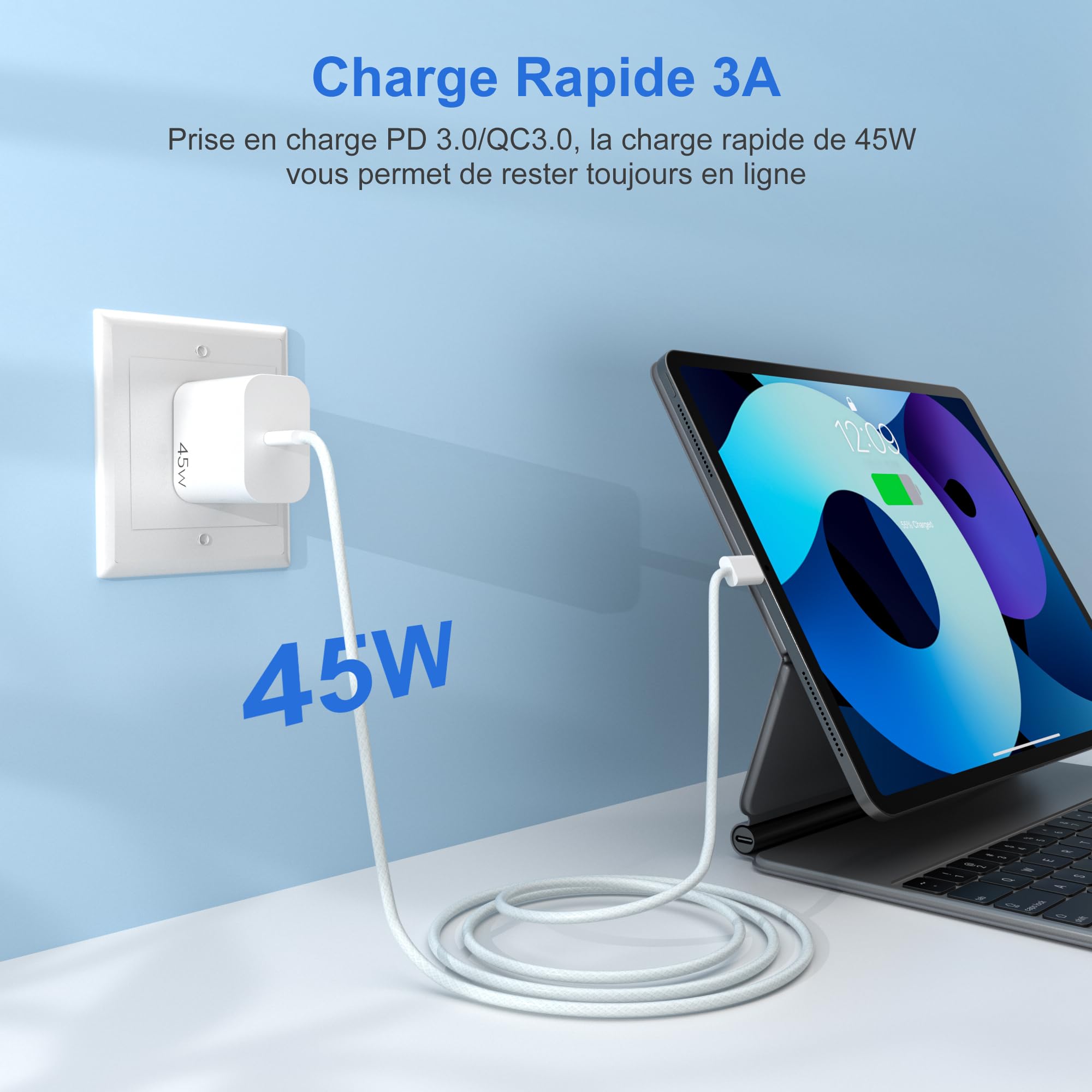 YISH Chargeur USB C Rapide GaN 45W - Secteur Prise USB C Chargeur Rapide pour Smartphone 17/16/15 Pro MAX/S25/S24/S23 Comprimés Embout Adaptateur Type C Mural Fast Charger, 60W 1M Cable Type C - 4
