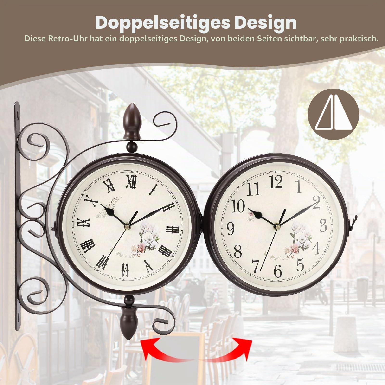 UrbanHomes Bahnhofsuhr Doppelseitig, Bahnhofsuhr Wetterfest, Runde Garten Wanduhr, Retro Schmiedeeisen Metall Wanduhren Aussen Stille Quarzuhr Wanduhr Outdoor Uhr Dekorative mit Halterung 1