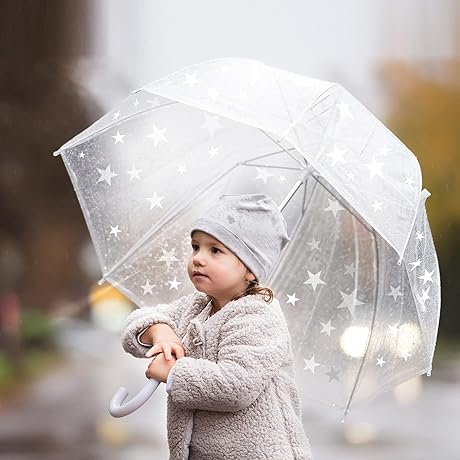 Baraida Kids' Clear and Transparent Umbrella with an Easy Grip Handle, Dome...