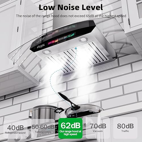 Miniatura 5 de Campana extractora de pared de 30 pulgadas, vidrio templado de 900 CFM, control de vozgestostáctil, ventilación de campana de cocina de acero