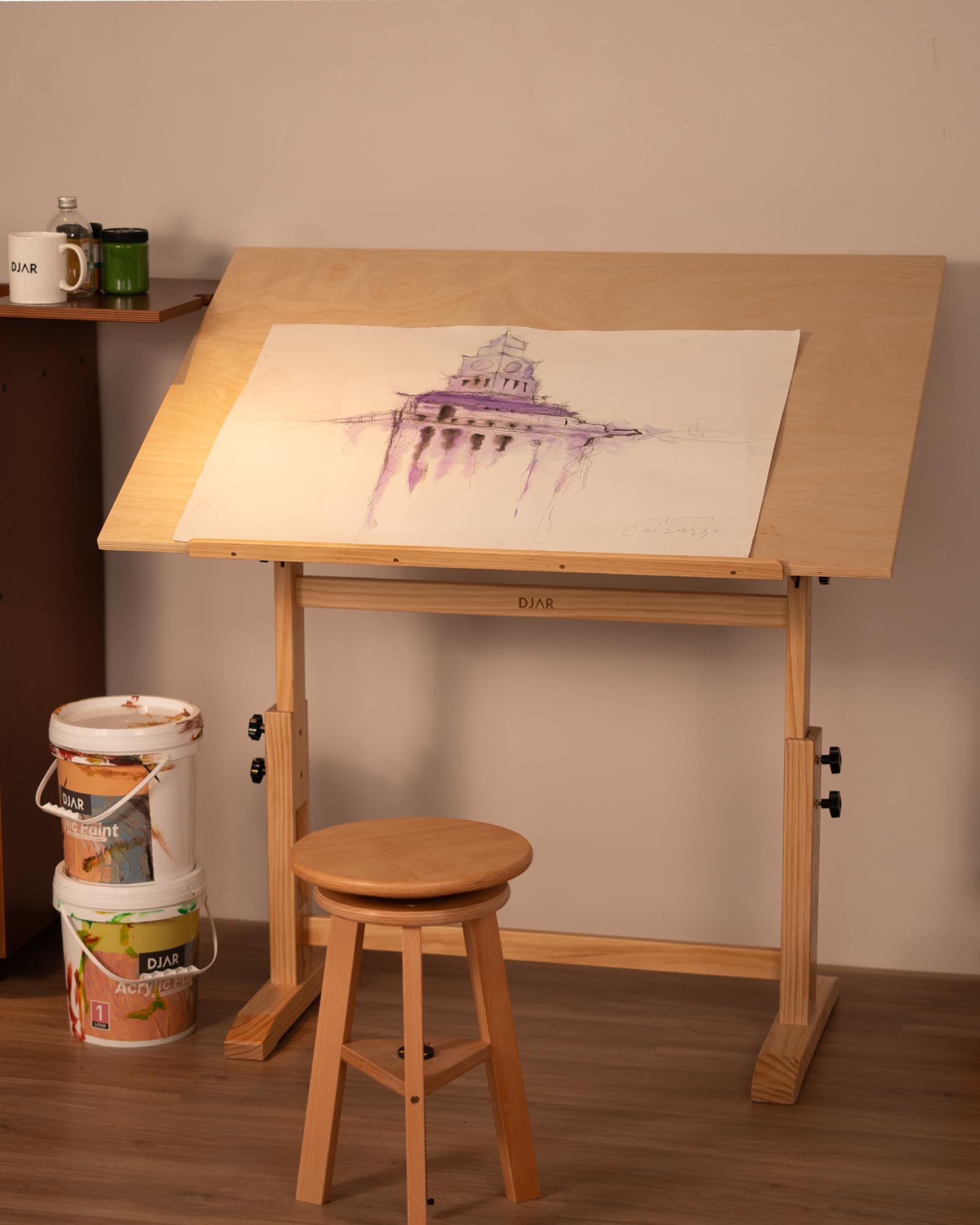 DJAR Tavolo da disegno regolabile in legno, scrivania artistica, 107 x 76 cm, per pittura, disegno e scrittura, cornice in legno di pino massiccio, naturale