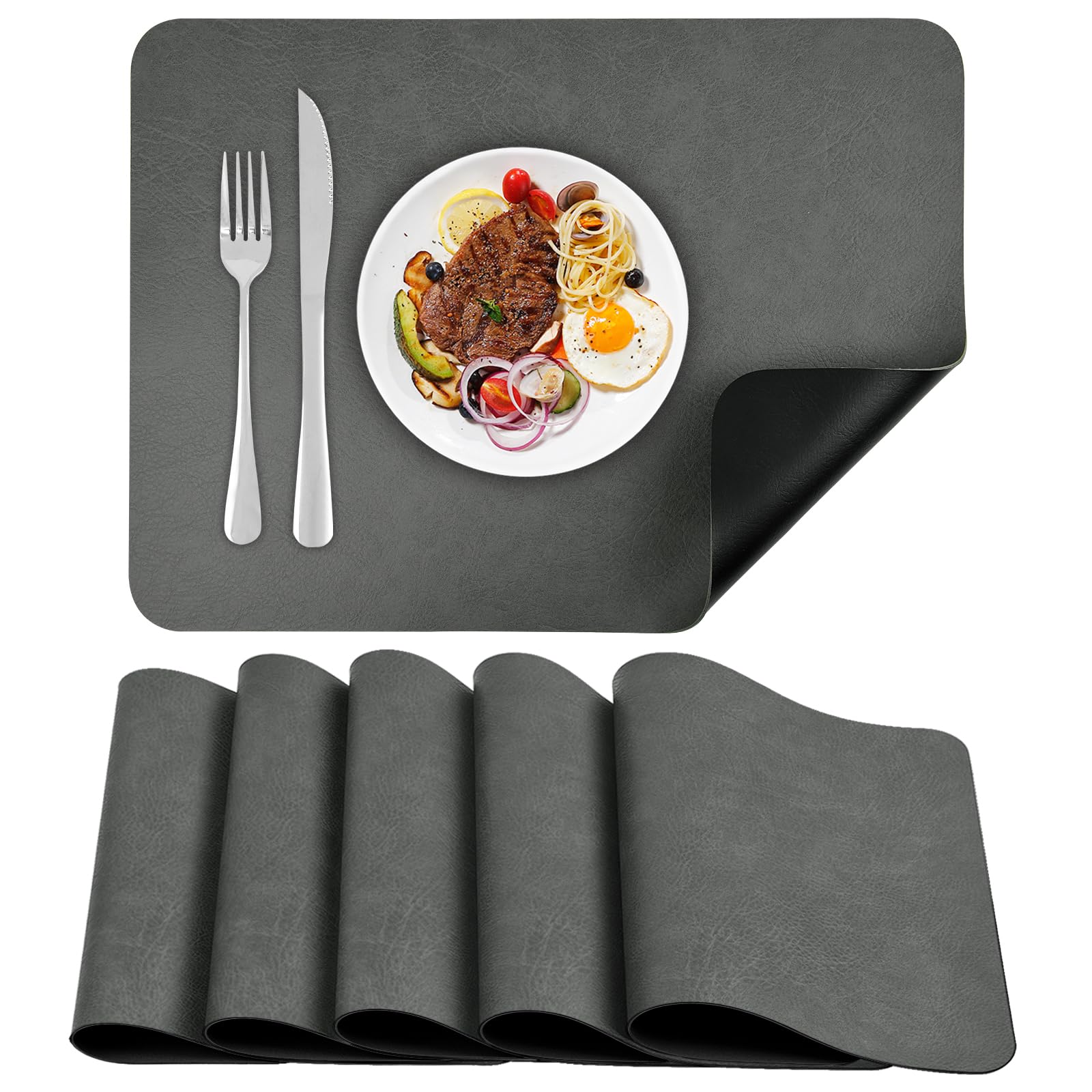 APLKER Faux Leather Placemats Set of 6 Table Mats Heat Resistant Dual Sided Place Mats, Waterproof Wipeable Dining Table mats for Home Party Outdoor,15.8 x 11.8 inches - Grey/Black