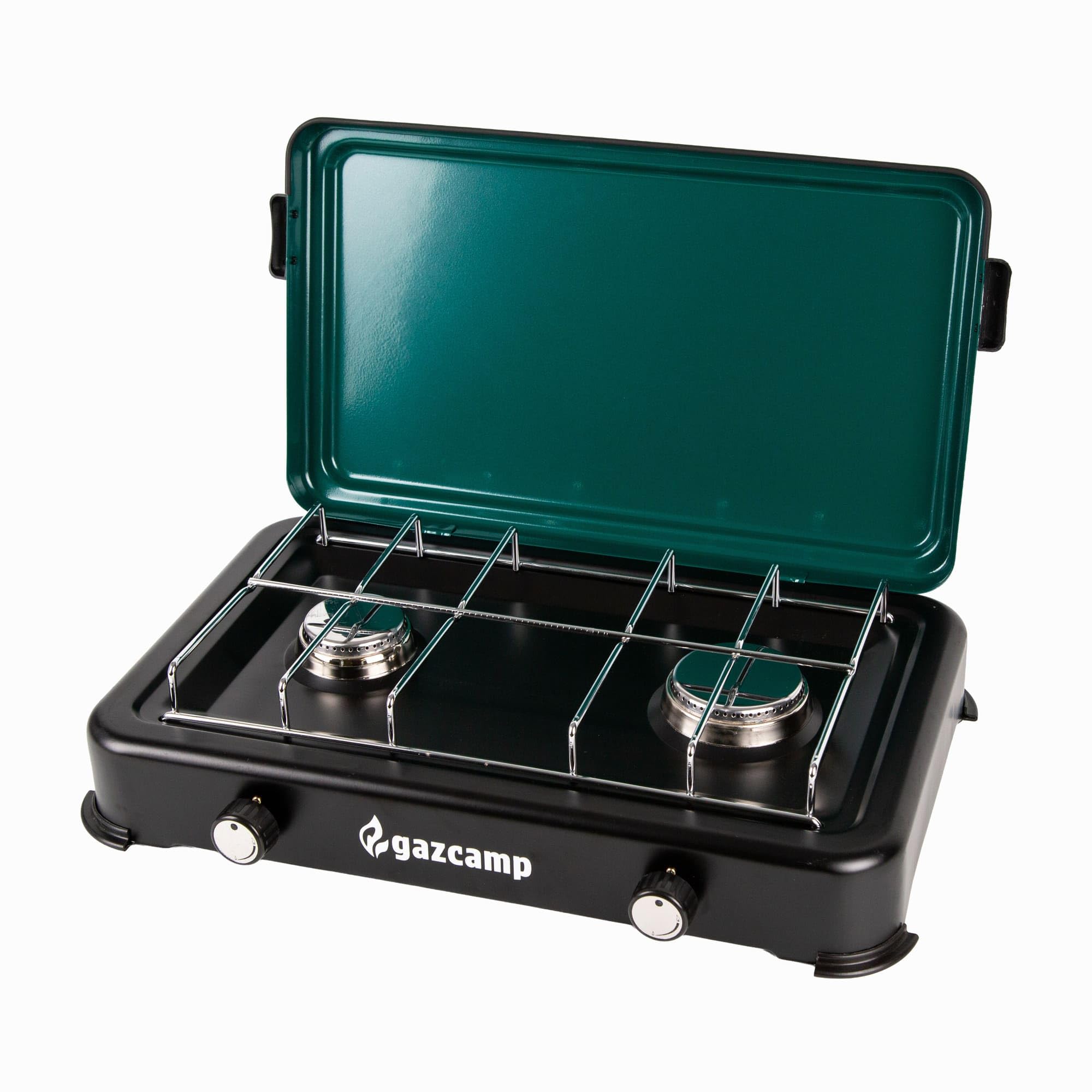 Gazcamp Gaskocher Campingkocher 2,4 kW 50 mBar 2 flammig Weiß mit Deckel 1/4" Linksgewinde-Anschluss Kocher Herd Camping Outdoor Grodenberg