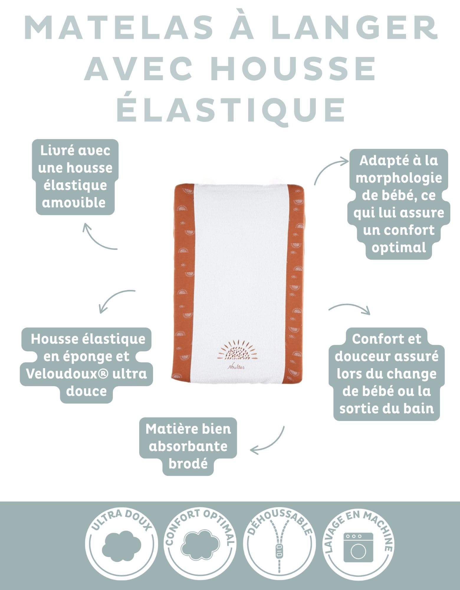 NOUKIE’S - Matelas à langer 45x67 cm Caramel avec housse en éponge de coton - Babou & Kendi - Soleil - Confort et absorption - Idéal dès la naissance