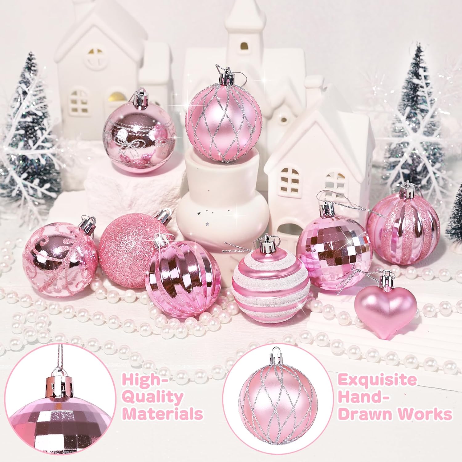 20 Pcs Christmas Ball Ornaments Pink Christmas Ornaments Glittering Plastic Hanging Decorations with 10Pcs Pink Bows Christmas Tree Decorations - Image 3