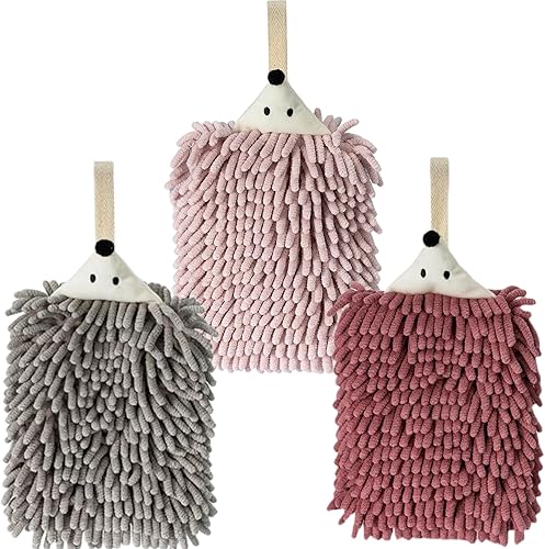 Paquete de 3 toallas de felpilla de doble cara, toallas de mano de cocina para colgar, de secado rápido, lindas y mullidas en grispúrpurarojorosa