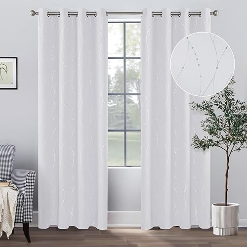 BUHUA - Cortinas opacas de color blanco grisáceo, con línea ondulada y puntos impresos, con ojales en la parte superior de las cortinas, con