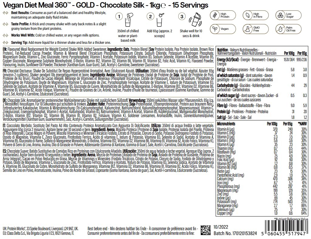 Protein Works | Vegan Diet Meal 360 – GOLD Innovation, Protéines Vegan, Shake Sostitutif Repas Dietétique, Supporte Perte de Poids, Faible Sucre, Riche en Fibres, Chocolat Onctueux, 15 Repas, 1kg