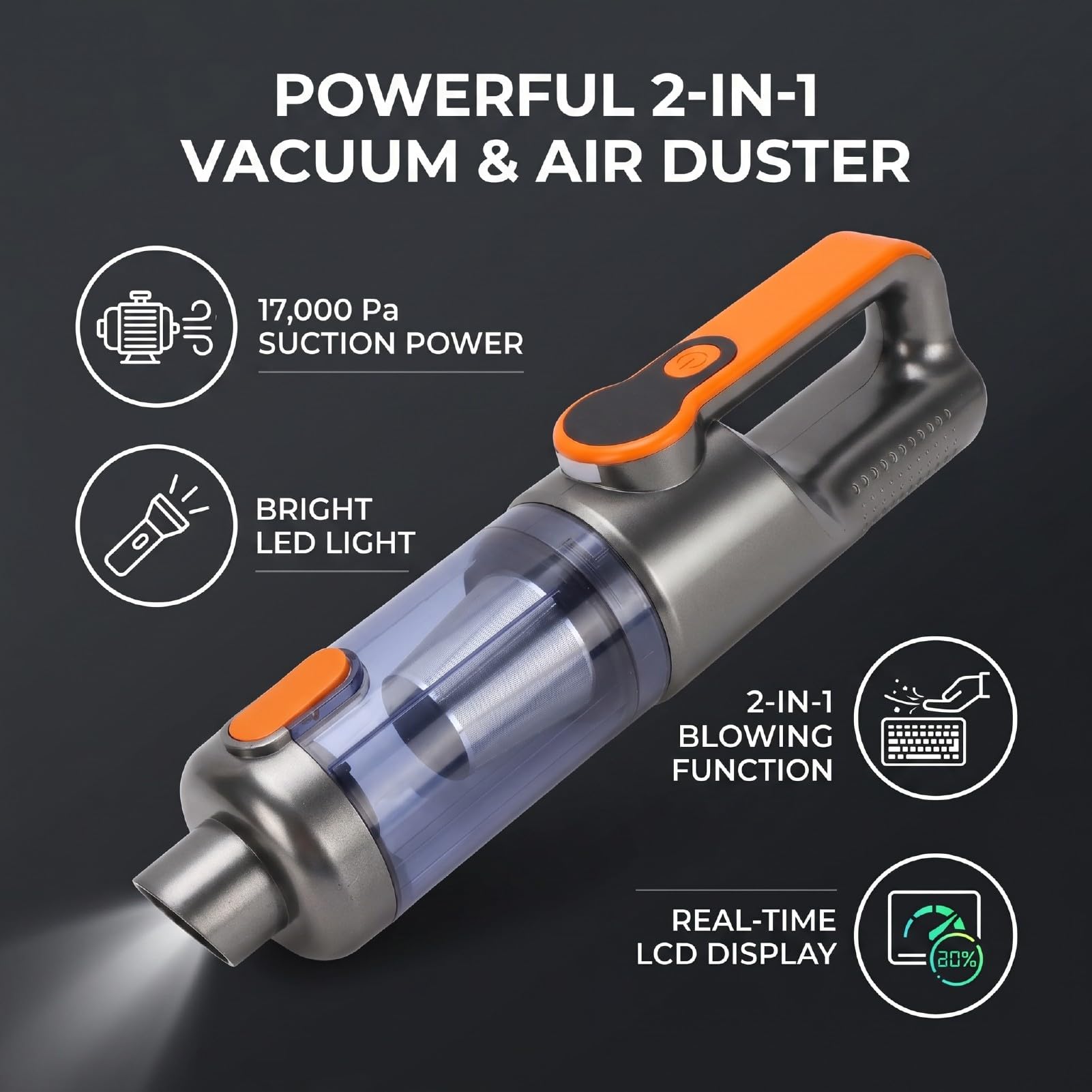 Aspirapolvere Auto Senza Fili, Aspirabriciole Portatile con Motore Brushless e Aspirazione 18000Pa, 2 in 1 Soffiatore Ad Aria, Autonomia 35 Min Display LCD Luce LED for Auto di (ORANGE)