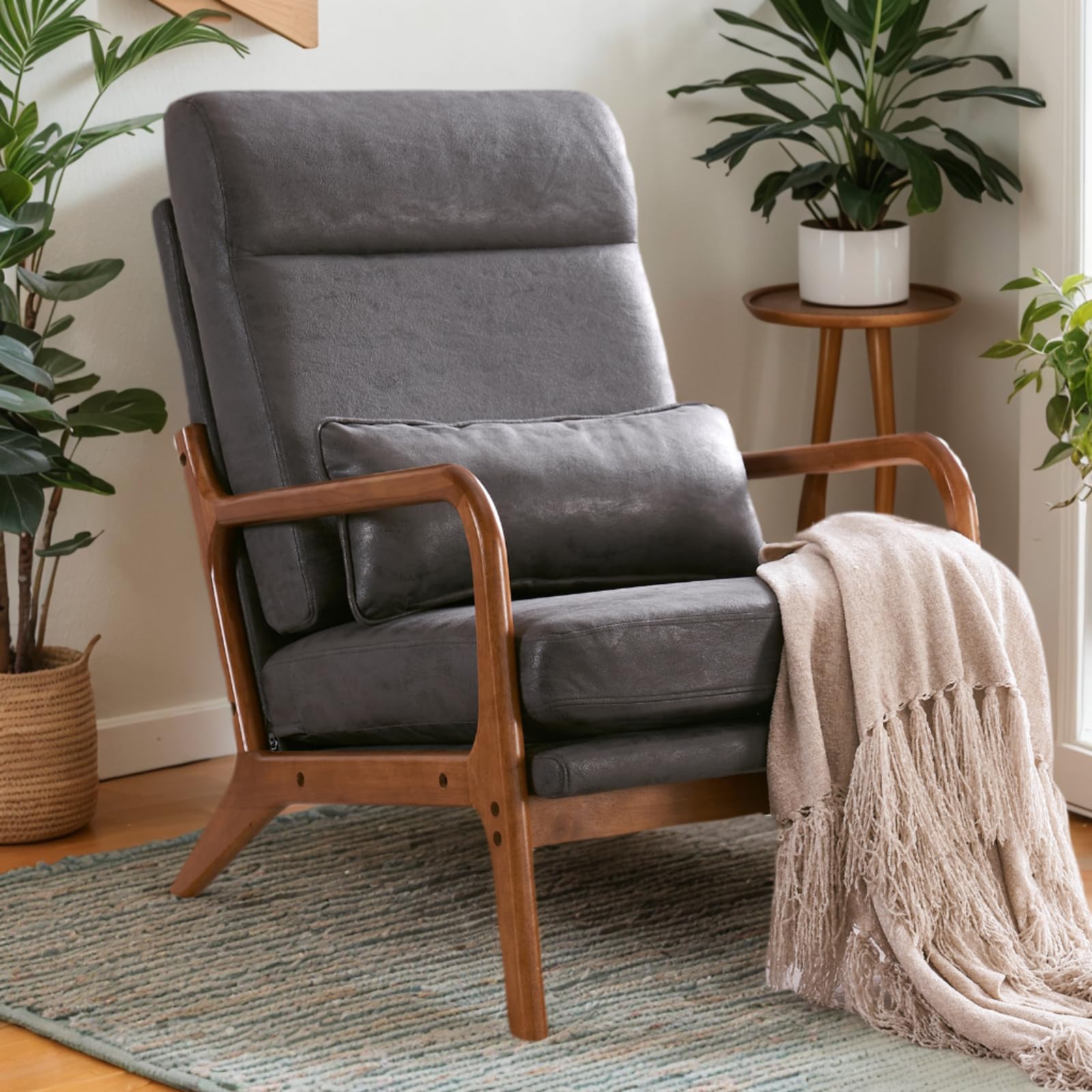 Karl home Accent Chair Mid-Century Modern Chair with Pillow Bronzing Cloth High Back Lounge Arm Chair with Solid Wood Frame & Soft Cushion for Living Room, Bedroom, Belcony, Gray