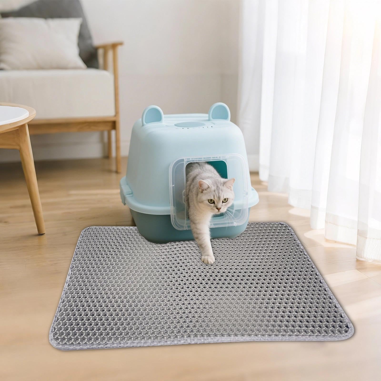 60cm × 90cm Alfombra Arenero Gato Doble Capa Plegable, Alfombrilla Impermeable, Fácil Limpiar, Arena Gatos Antideslizante, Diseño de Panal Abejas(Gris)