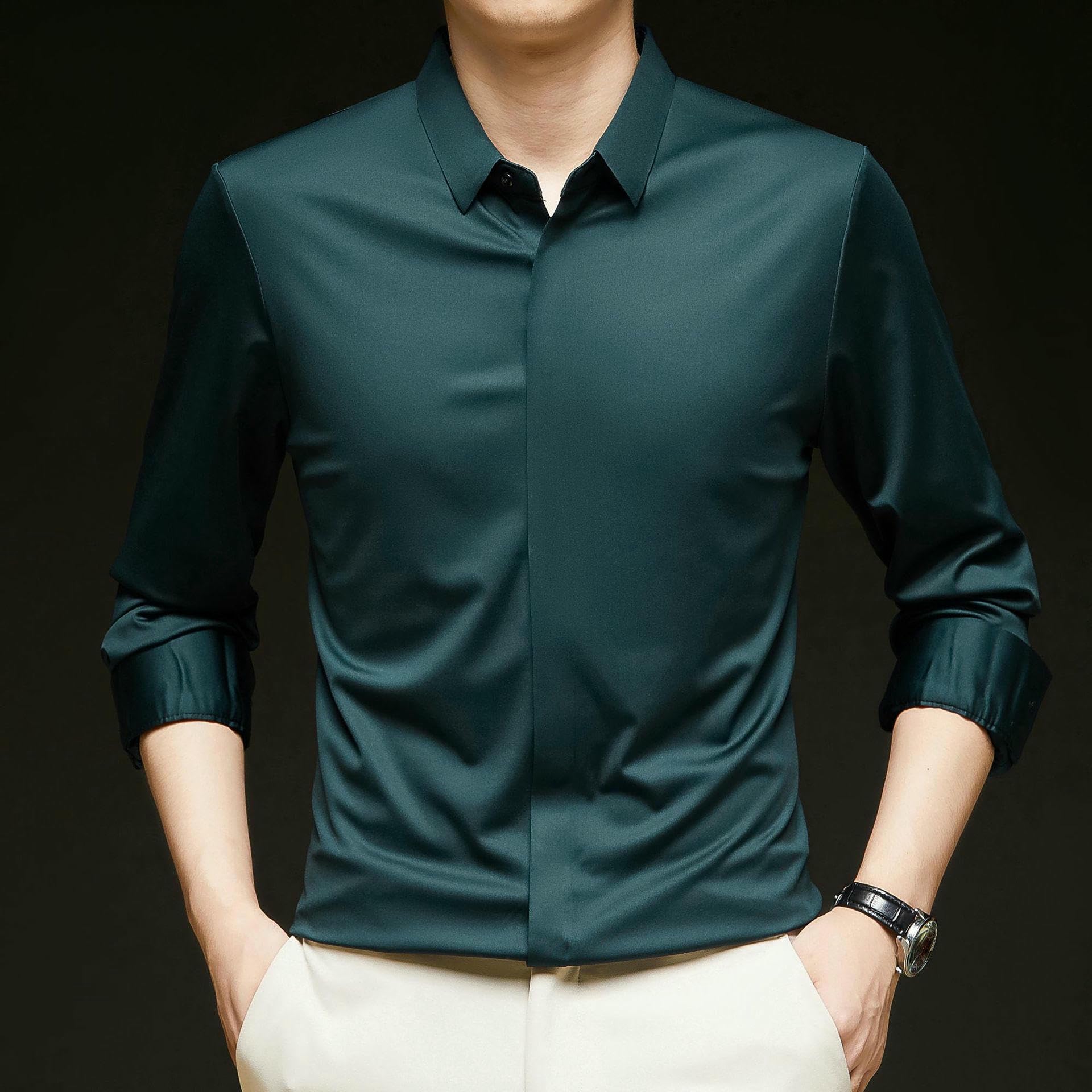 Camisa de manga larga para hombre, para primavera, otoño, color liso, con solapa, seda, sin costuras, informal, elástica, para hombre