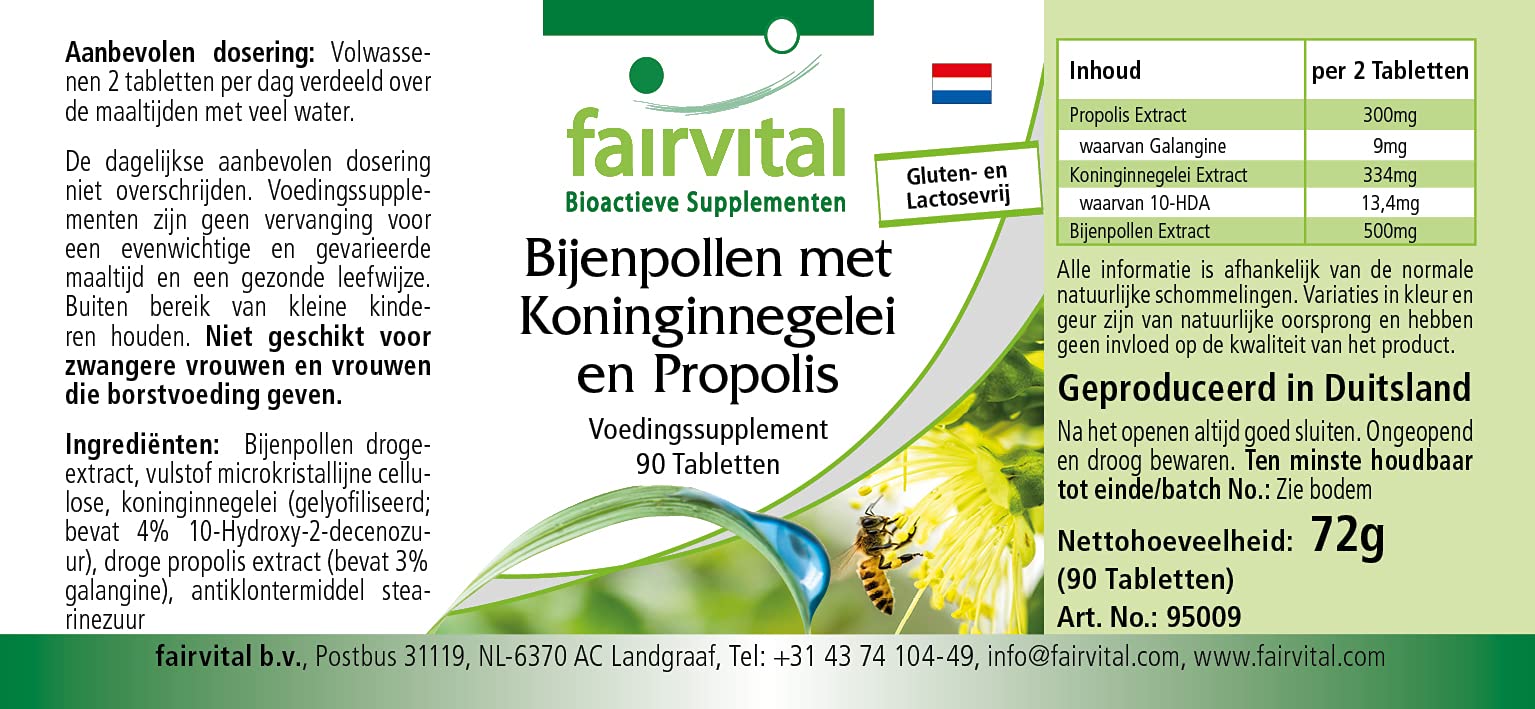 fairvital Pollen d'api con pappa reale e propoli, 90 compresse, ALTO DOSAGGIO