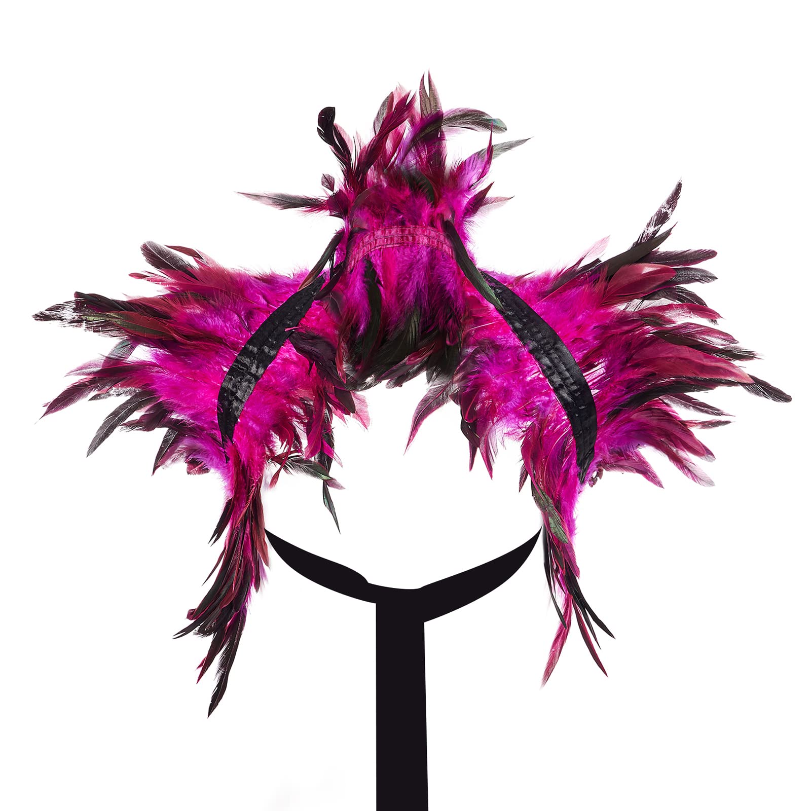 Niceyoeuk Women Natural Feather Cape Maleficent Costume Gothic Lacing Shawl Shrug Collar Feather Cape for Halloween Cosplay Christmas Party (Rose Red, One Size)
