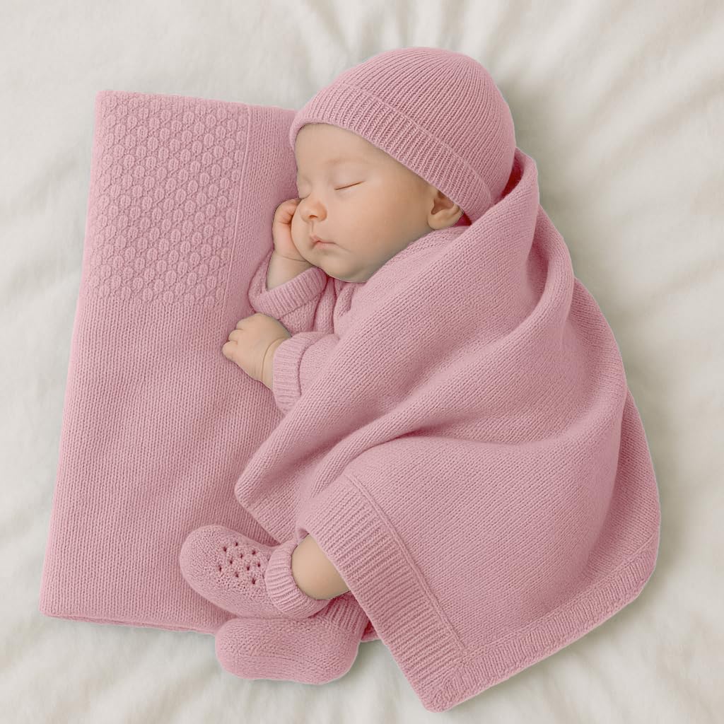 CLASSE77 Copertina in Lana Merino per Neonati con Babbucce e Cappello, Prodotto Artigianale, Made in Italy (Rosa)
