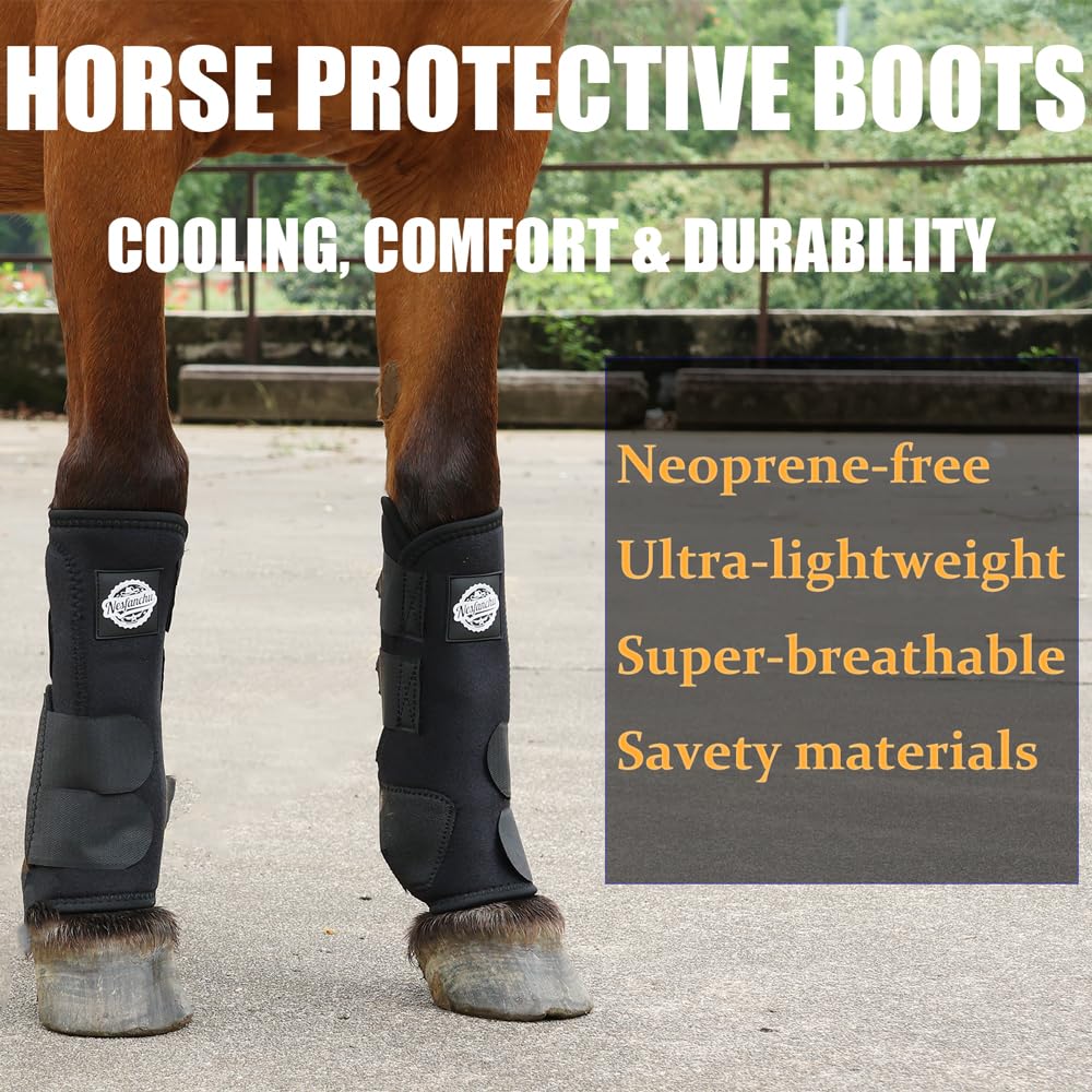 Botas protectoras para caballos de medicina deportiva, protección y amortiguador, adecuadas para entrenamiento de salto y senderos, 2 unidades, diseño de material transpirable (negro