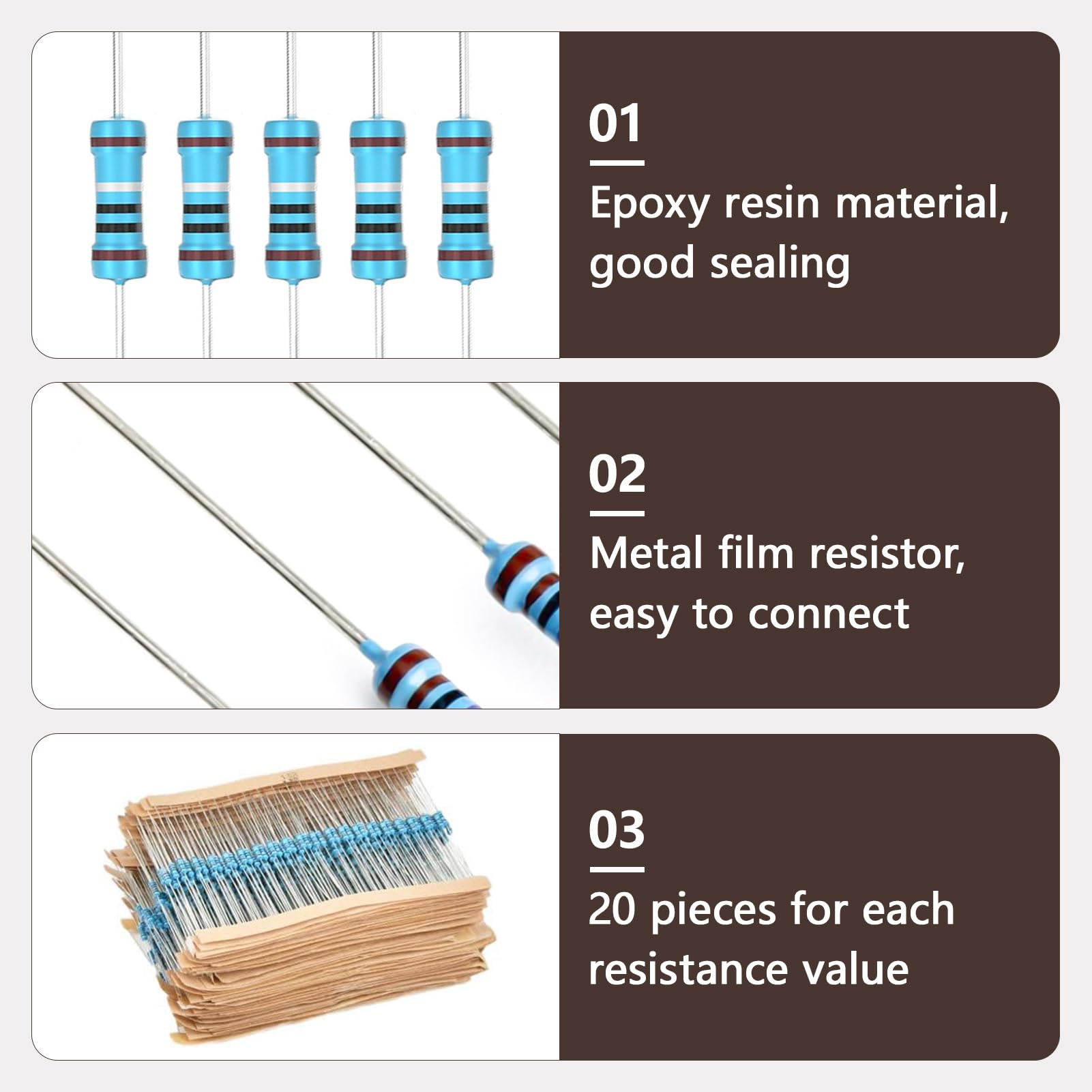 Zestaw 600 rezystorów elektronicznych od 10 Ohm do 1 MΩ, 1/4 W zestaw folii węglowej, 30 różnych wartości, tolerancja 1% do projektów elektronicznych DIY, rezystor ze stabilnymi metalowymi trzpieniami