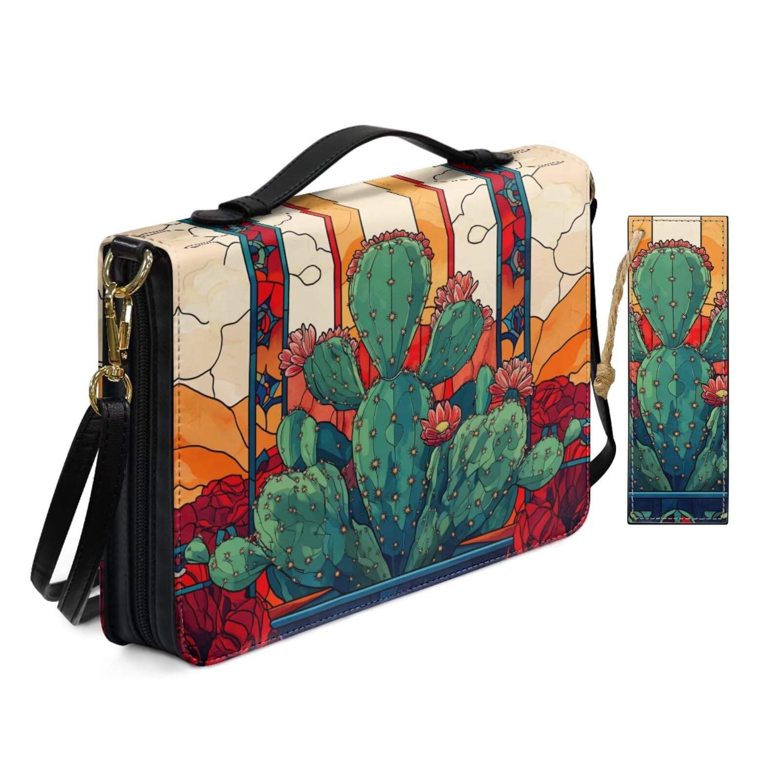 Orange Stained Glass Art Cactus Bible Cover Case for Women Travel Church Worship Print Pu Leather Shoulder Strap Bible Bags with Bookmark & Handle Pockets Zippered Crossbody Book Covers