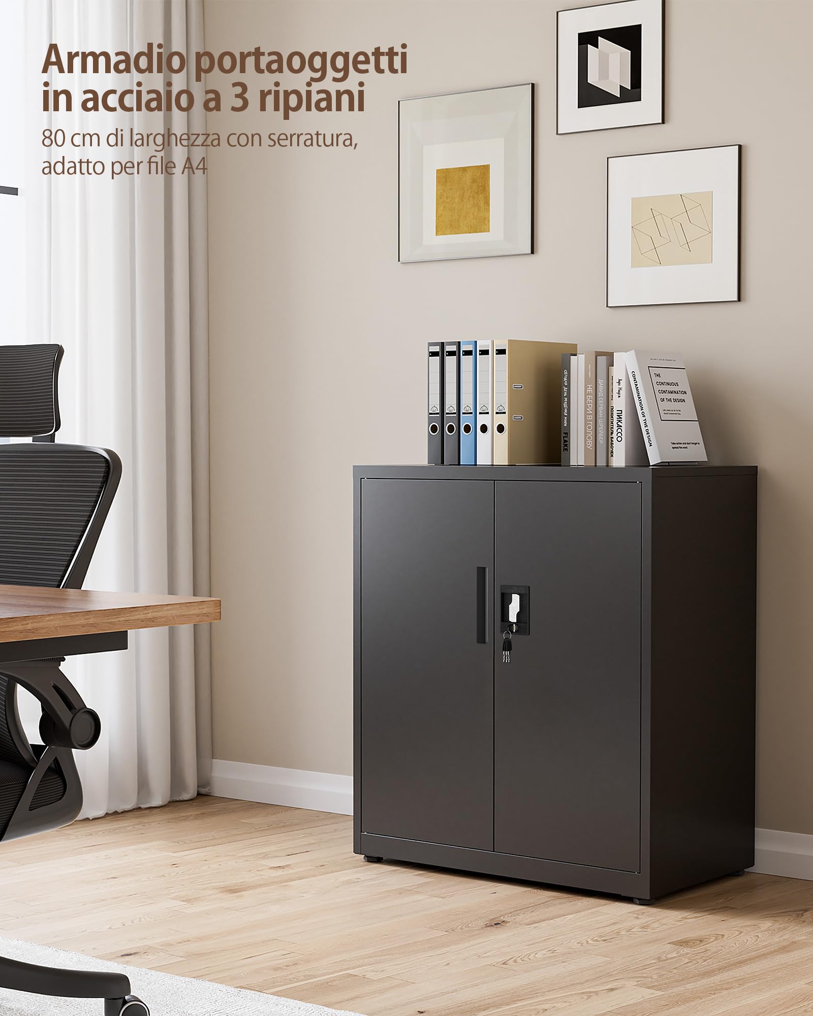 LAND·VOI Armadio in Acciaio 3 Ripiani con Serratura Ripiani Regolabili Ante a Doppia Porta Armadio per Ufficio Mobile in Metallo per Ufficio Garage Cucina Officina 80×40×91.5 cm Nero