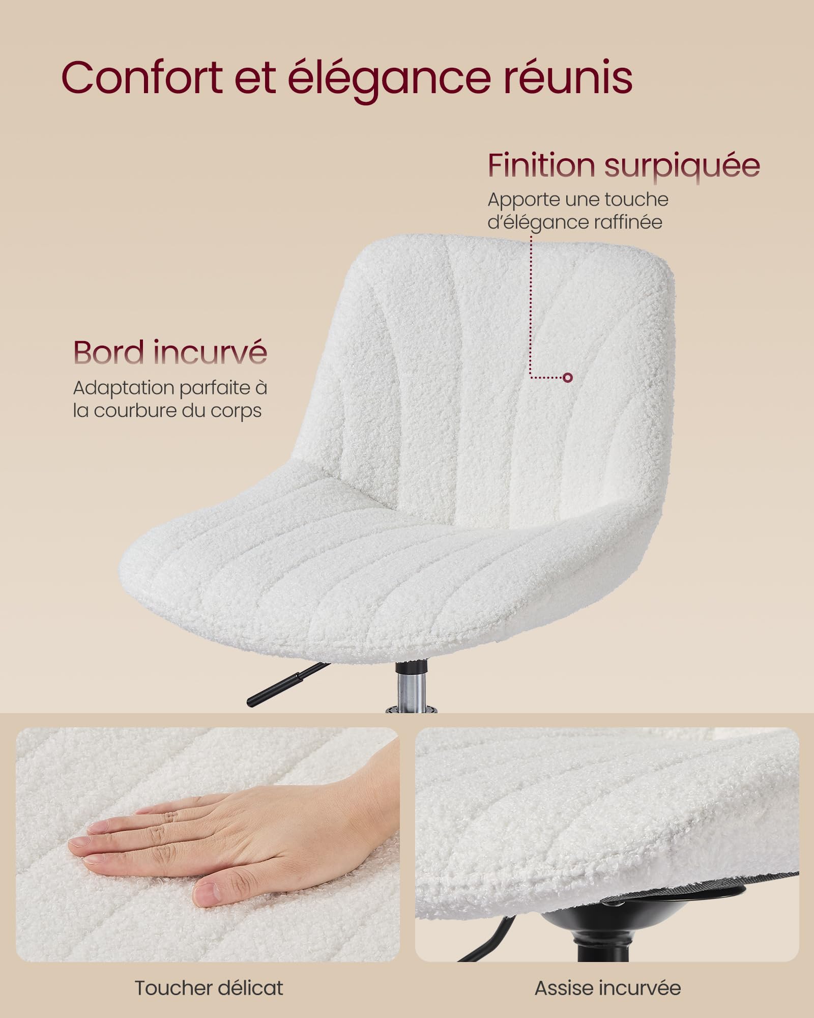 VASAGLE Tabouret Coiffeuse, avec Dossier, Chaise Coiffeuse Hauteur Réglable, Rotation à 360°, pour Chambre, Salle à Manger, Tissu Peluche, Blanc Crème LJB160WD01