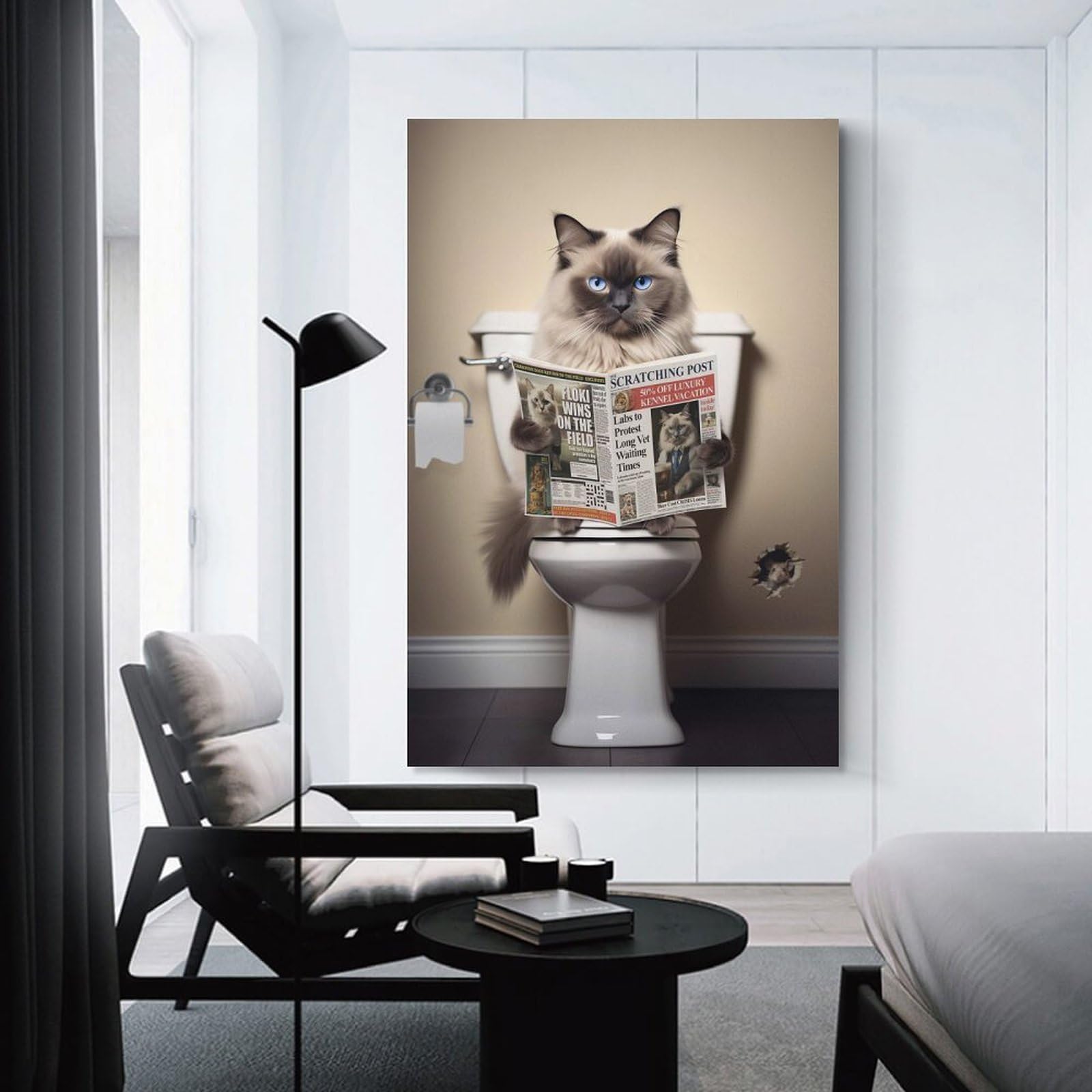 Junmoney Ragdoll Cat on The Toilet Decorative Wall Artwork, 24x36inch(60x90cm), for Living Spaces, Bedrooms Or Relaxed Rooms, Modern Wall Decor for Cosy Interiors